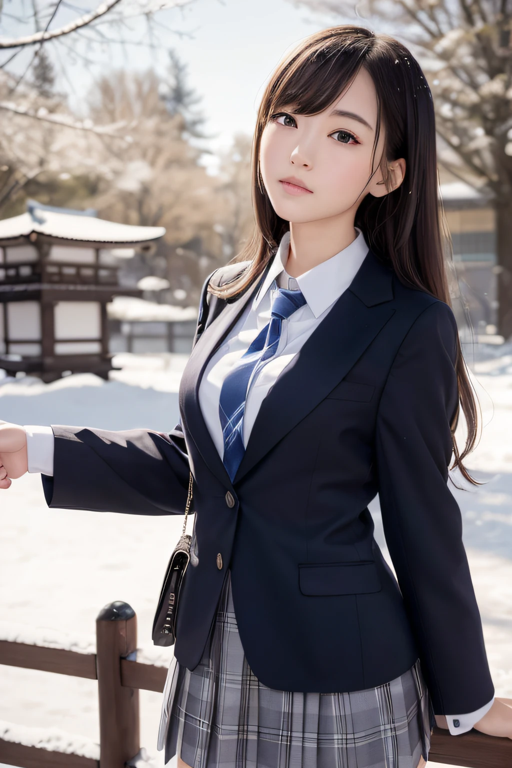 Best Quality、masutepiece、超A high resolution、(Photorealistic:1.4)、adult lady、modeled、long legged、(Thin eyebrows:0.2)、(thin lipss:0.8)、(small nose:0.8)、Appearance without makeup、(japanese hight school uniform:1.2)、Blazer Uniform、neck tie、Plaid mid-length spline skirt、(Looking up at the sky:1.2)、Shooting from below、Spread your arms、Colossal tits、(the perfect body:1.2)、Park at night、It snows a lot、Frozen hair、Snow sticks to clothes、By Michelangelo、ulzzang -6500-v1.1