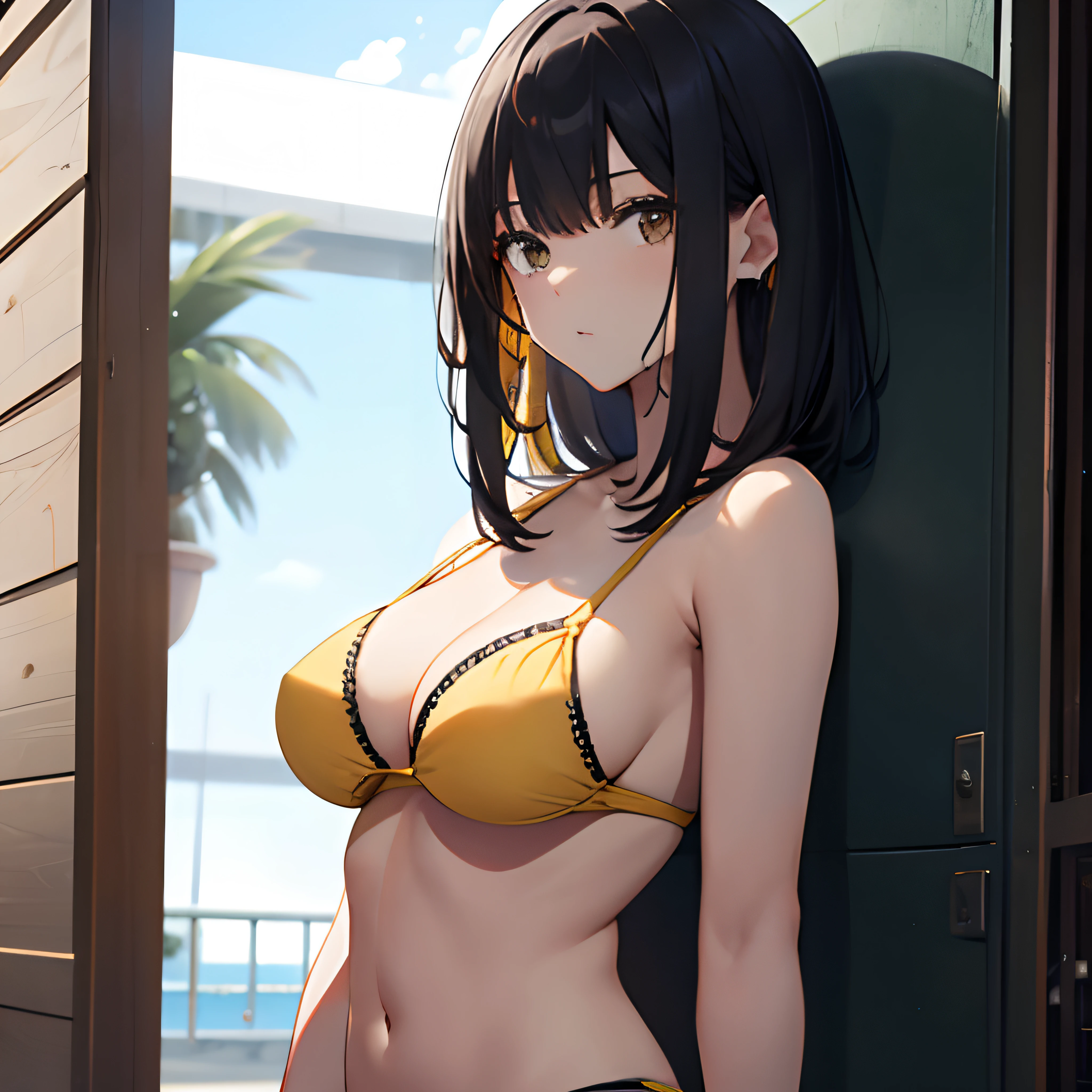 Woman standing shirtless、One Woman、hiding breast、cabelos preto e longos、Yellow mesh、Yellow Bikini、top-quality、
