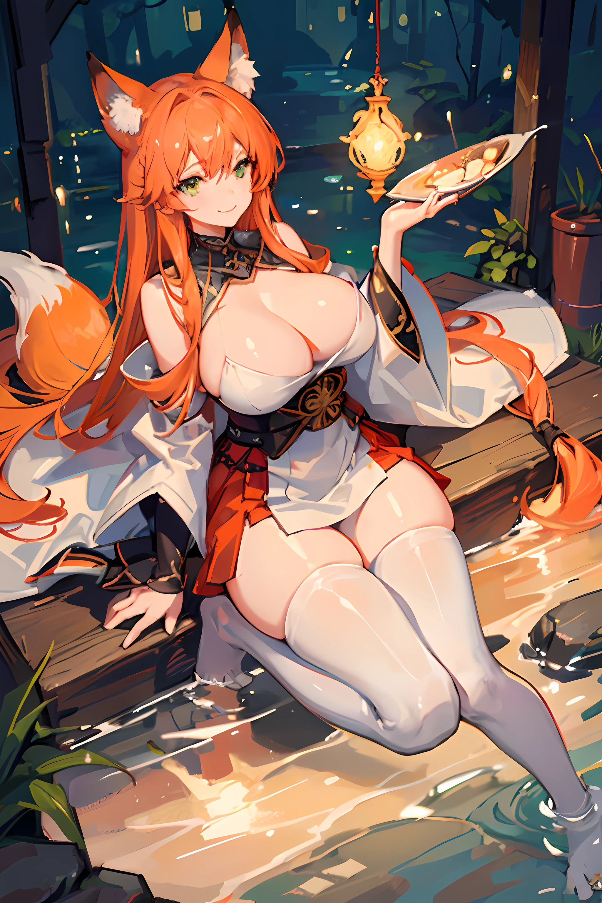 (Masterpiece, best quality, beautiful eyes, highly detailed, high res), 1girl, fox girl, fox ears, fox tail, orange hair, green eyes, Japanese priestess, goddess, mature woman, big breasts, massive breasts, massive cleavage, sexy, shiny skin, wet skin, water temple, water, wet clothes, shiny clothes, beautiful face, mommy body, divine, smiling, tight clothes, thick thighs, barefoot, tight pants, bodysuit,