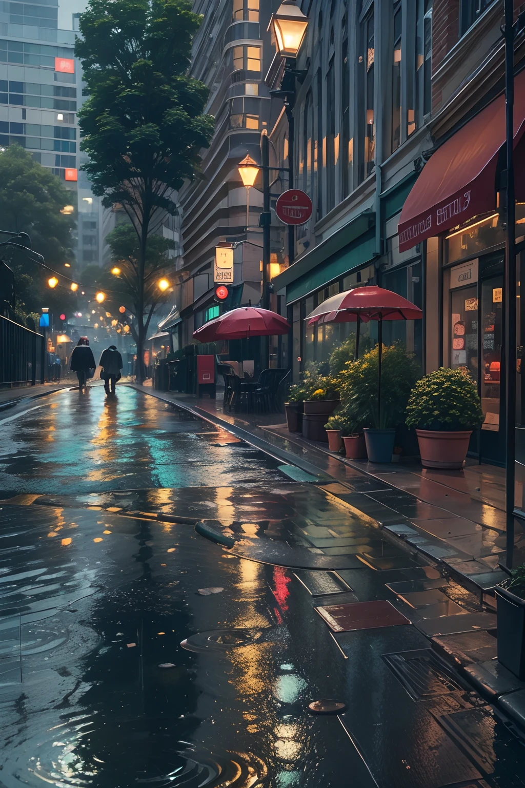 rainy days, the city street, Reflection of water on the ground, potted plant,pedestrians, car lights..