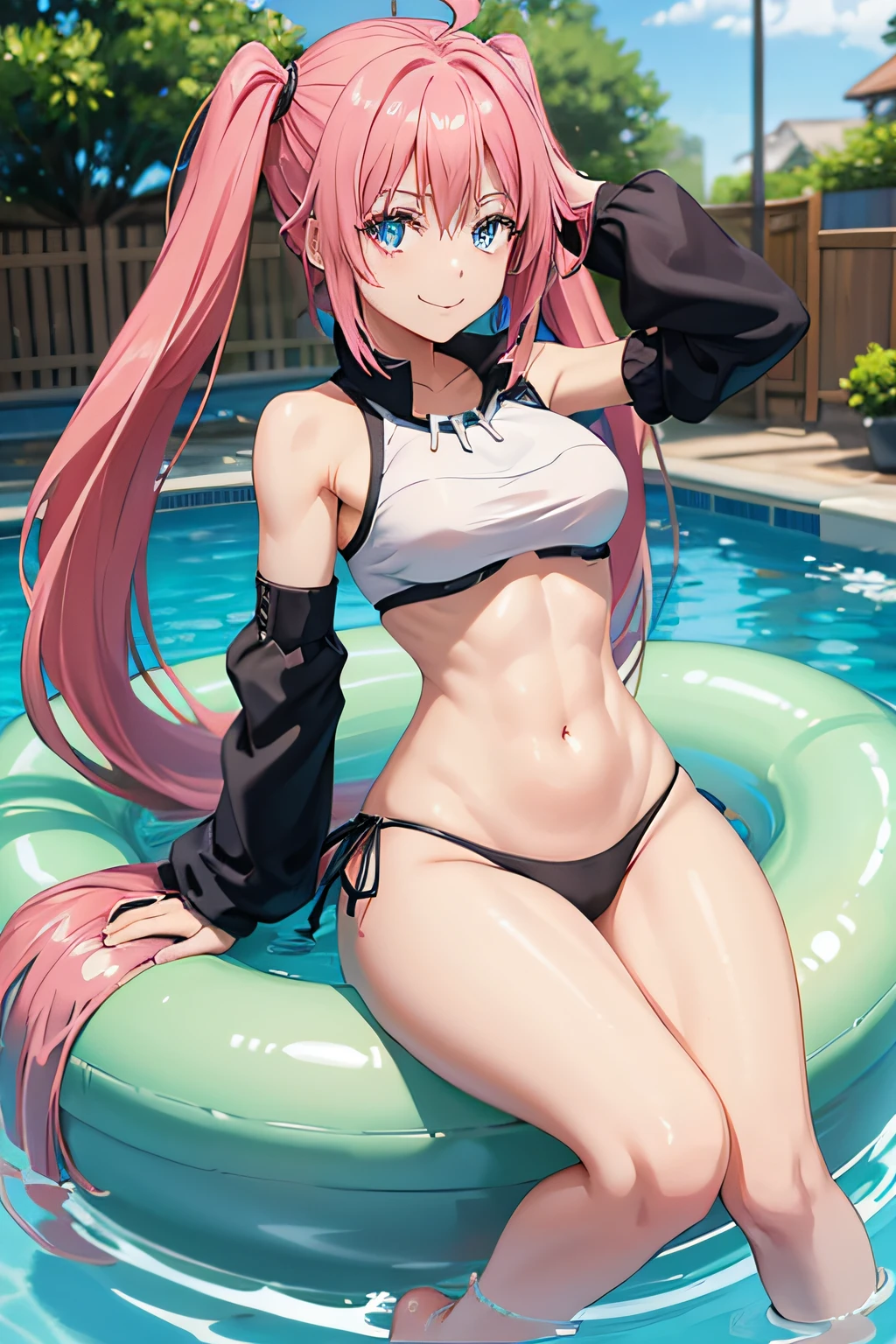 1Female、When I was reincarnated, I was a slime character（child）、masterpiece、superior quality、precise、animesque、child Demon King、Aimei、beautiful blue eyes and detailed、Pink hair、two-tailed、Proud double tails, very short black bikini 、Average breasts、True to the original、((barefoot)), muscular belly, beautiful muscular legs, Thick legs, (Smile), sitting in the pool