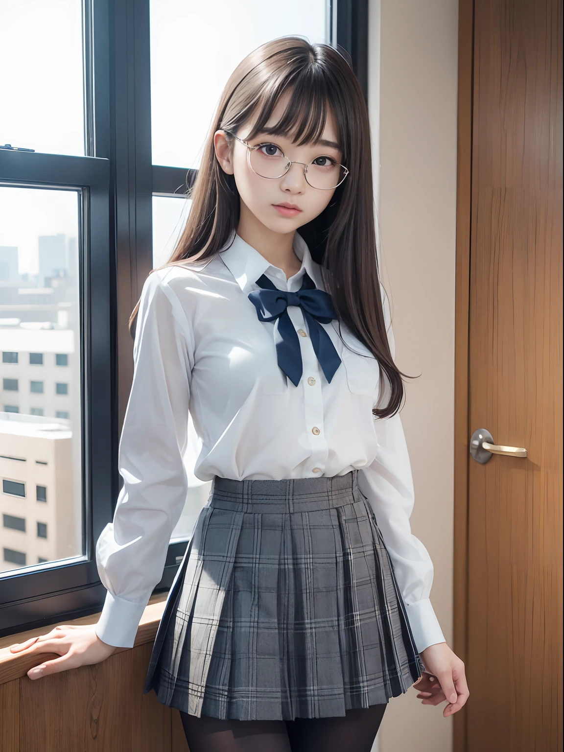 Imagine a stunning illustration in the style of Loundraw, Beautiful school girl drawn. She wears a classic , Pair a fitted skirt with a perfectly lined shirt. Her long black hair, With soft bangs, Falling gracefully onto her shoulders. The girl is depicted in a school setting., In a quiet and peaceful environment, Illuminated by soft, neutral light. Details of the scenery, School tables and chairs, blackboard and books, Carefully rendered to create an authentic feel. The girl's expression is calm and focused., reveal her commitment to her studies. The illustrations convey a sense of calm and concentration, The subtle beauty of school life、It is captured in a delicate and emotional artistic composition.。.