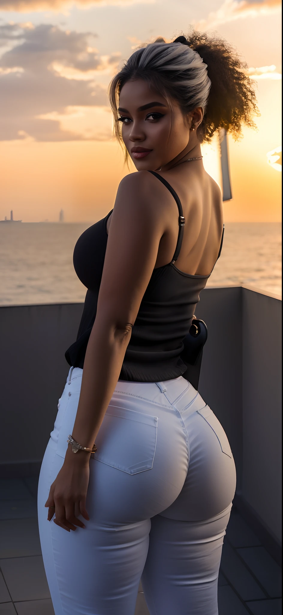 a close up of a woman in a black top and white pants, roupa apertada, jeans preto extremamente apertado, cintura magra e quadris grossos, curvy accentuated booty, great view, Derriere em forma, flawless structure, in the sunset, big booty, view of the back, low view, beleza de cair o queixo, retroiluminado, thick thieves