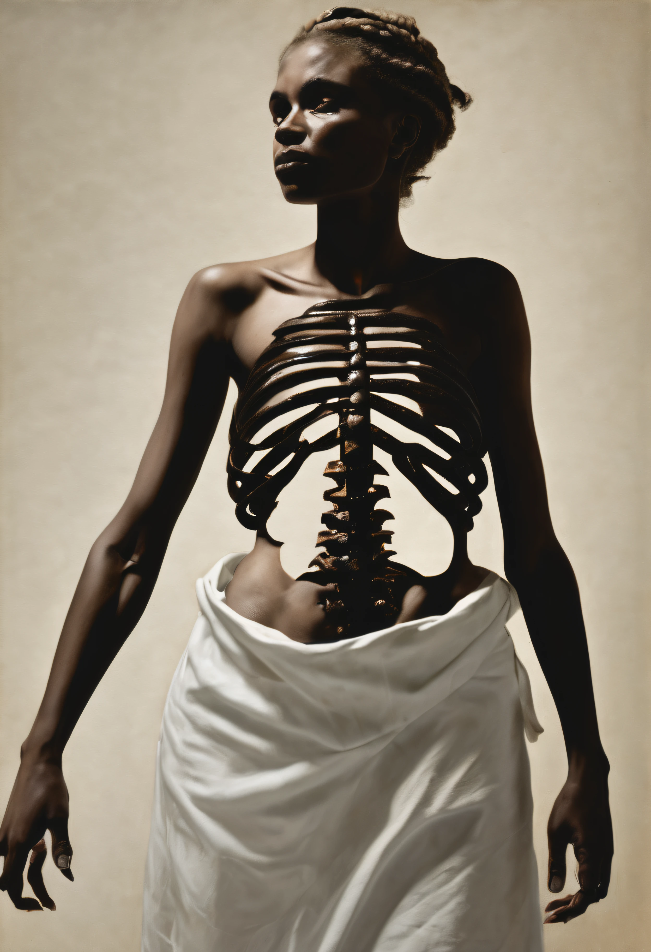 "(The best lighting, alto contraste, oscuro, dramatic),(Chica rubia junto a una cabra negra gigante, Open the rib cage, feto, autopsia, huesos humanos, sangre por las paredes). Luz Caravaggio"