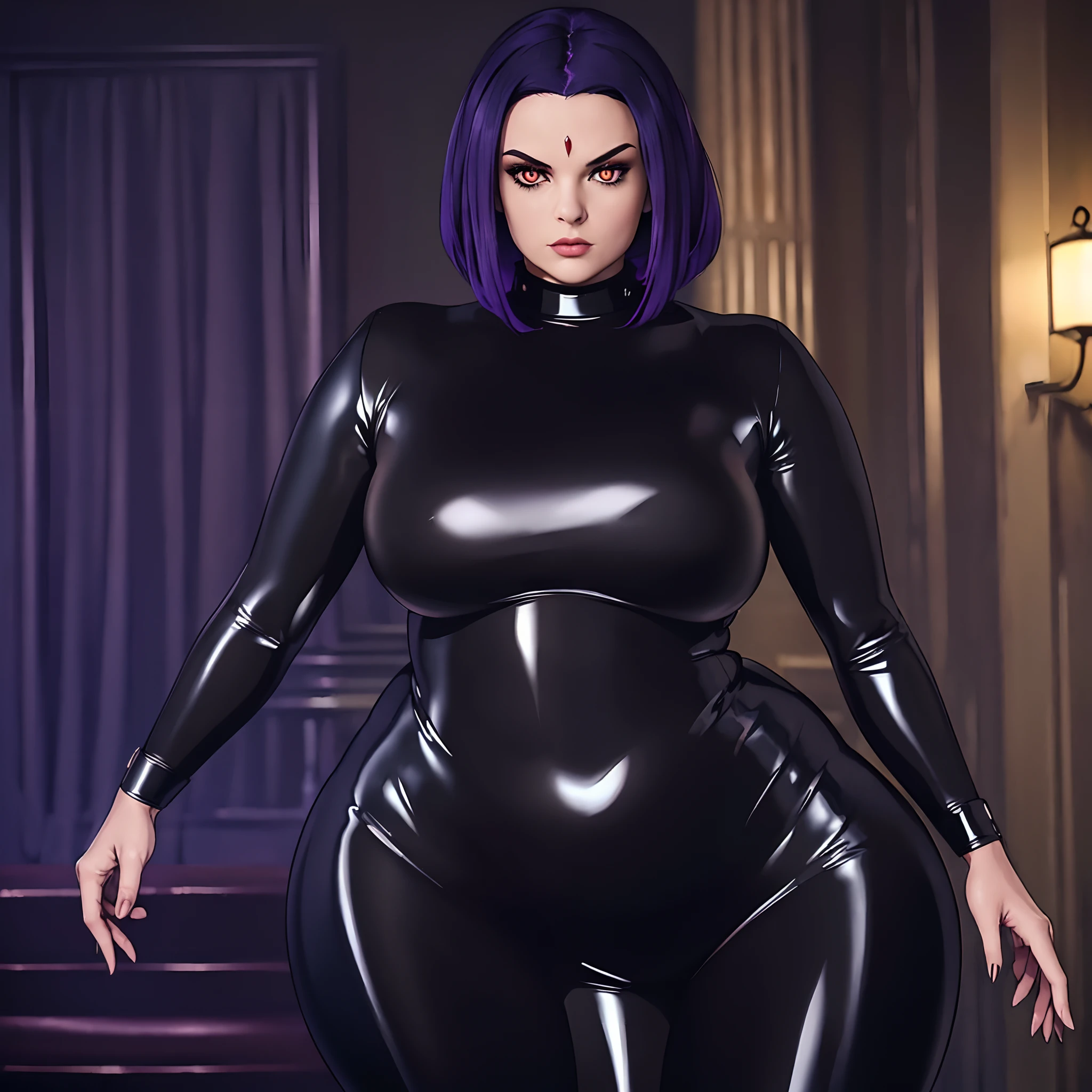 (best quality,ultra-detailed,realistic:1.37),Raven,thick,nsfw,hourglass figure,latex suit,dark atmosphere,golden eyes,intense gaze,seductive pose,sleek hair,mysterious background,shiny texture,hypnotic makeup,vivid colors,low-key lighting,artistic rendering, hourglass figure, thick, curvy,