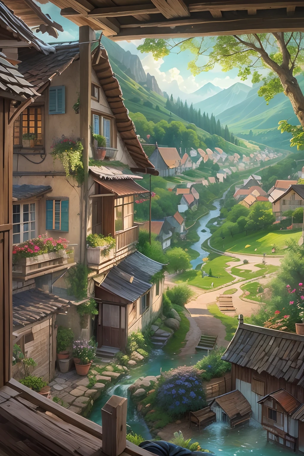 View from the window, Far Mountain, village, Small streams..