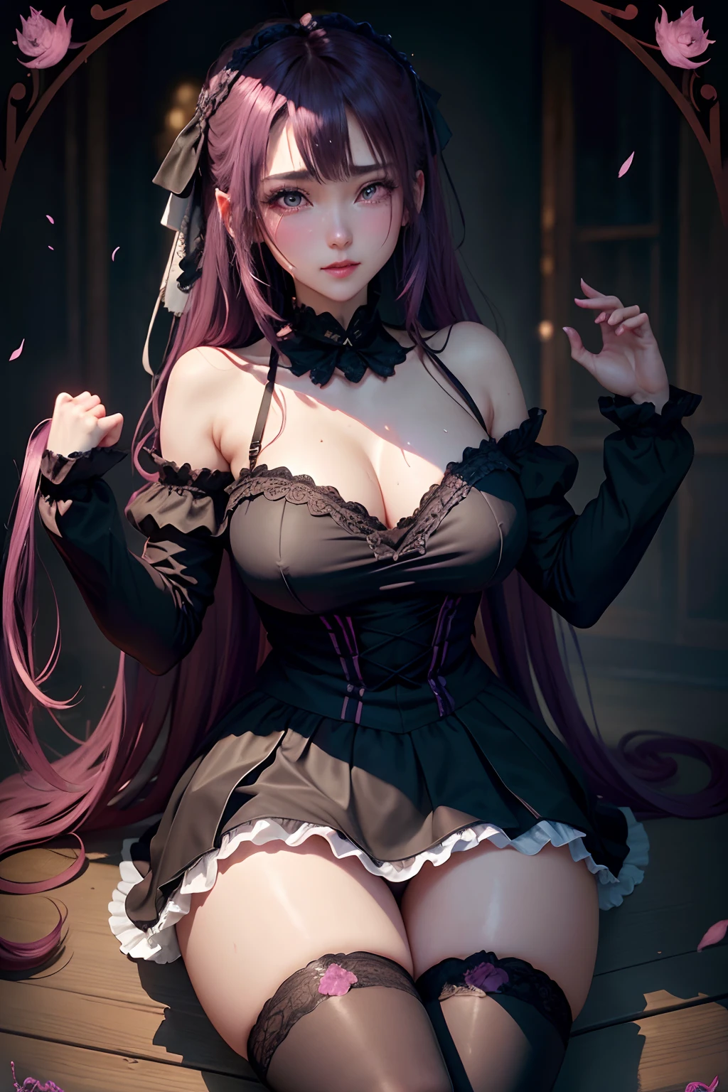 A sexy、A slight smil、garterbelts、knee high socks、panthyhose、Beautifying the world、Unhappy、Lament my night's fantasy、Transcendent beauty、Beautiful shape、wretched、ghosts、wraiths、Evil Spirit、Beautiful、boredom、Unusual beauty、Bewitching、Fornication、Hard Dark Gothic Makeup、Maniacal、Deep night sky、horor、twin-tail hair、Black Dark Eyeshadow、slaves、crying how bright、mourn、Sad songs、Good skin luster、Lace pink、Long hair straight hair、Dark Gothic Makeup、Dark smile、Restless Palace、Expressions of sexual arousal、Fragrant beauty、18year old、carriage、Lying、seductiv、 Strong sexual pleasure facial expressions、A look of shame、open the legs widely、Dark Gothic、Gothic ta、Dark purple hair、masturbation、bell sleeves、Wizard Sleeve、Obscene look、Stained glass background、masutepiece、Best Quality、Ultra-detailed、Refers to 5 books、Sweat glitters on my chest、Glitter of sweat on your face、Massive sweat glitter on the thighs、Expression of sexual pleasure in anguish、Sweating profusely、Quite an inebriated face、maid clothes、Gothic Long Dress、Black ruffled skirt、Apply blush on cheeks、Pink atmosphere、Pink hair、bewitching poses、Nasty poses、