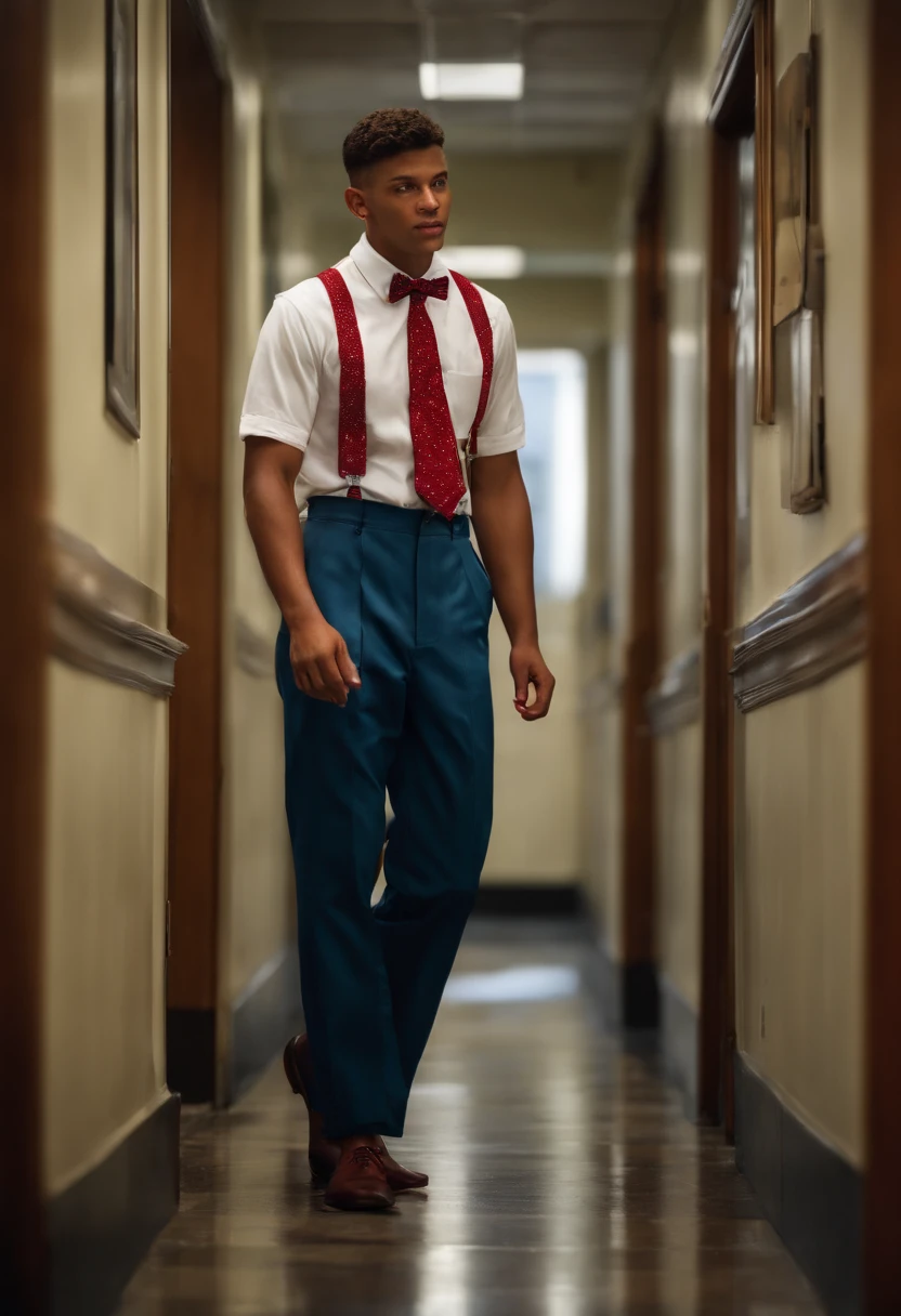 Hyper photorealistic, full body, college nerd, white short sleeved button down, red bowtie, blue suspenders, pocket protector, dental headgear, dress pants, white tube socks, loafers, walking in a school hallway.