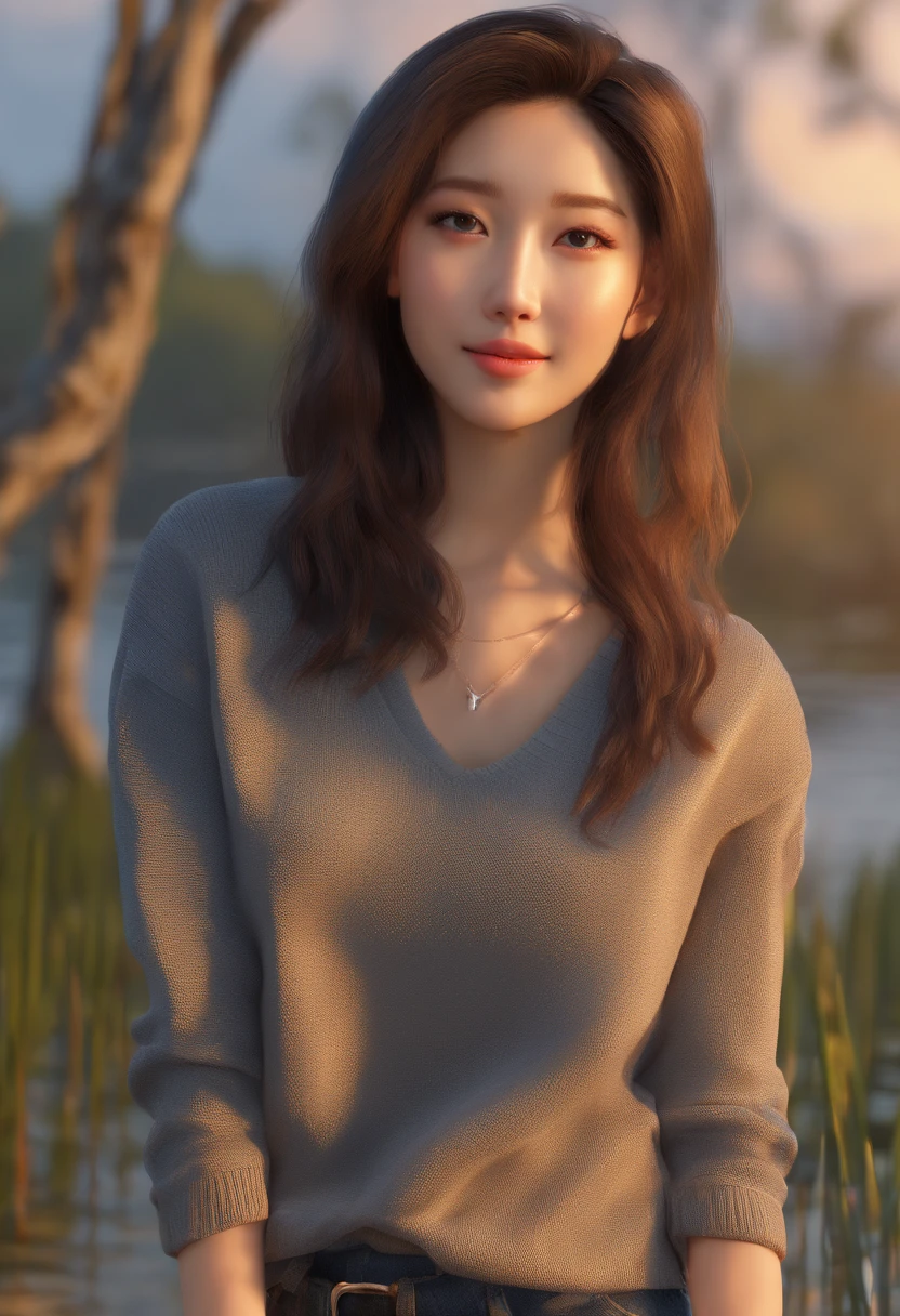 Best Quality, hyper HD, (Photorealistic:1.4),Sunset light, poneyTail, Korean Women, detailed photograph, Smiling, Sexy, Black shirt, Facing Camera, close-up (masutepiece: 1.3), (8K, Photorealistic, Best Quality: 1.4), (1girll), Beautiful face, (Realistic face), (Black hair, Short hair: 1.3), Beautiful hairstyle, Realistic eyes, Beautiful detail eyes, (Realistic skin), Beautiful skin, (Sweaters), Absurd, Attractive, 超A high resolution, Ultra photo realsisim, High Definition, Golden ratio,  , in the swamp