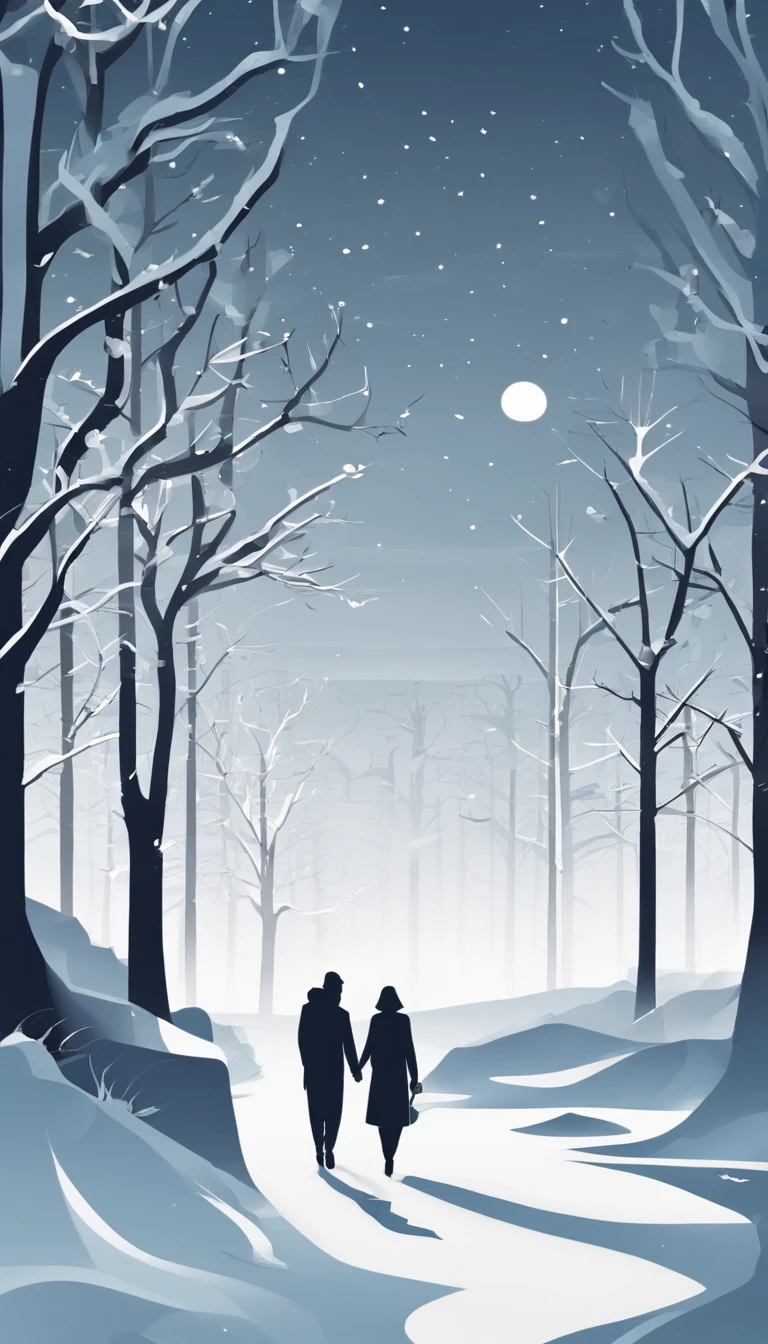 A couple walking in the snow through a forest at night - SeaArt AI