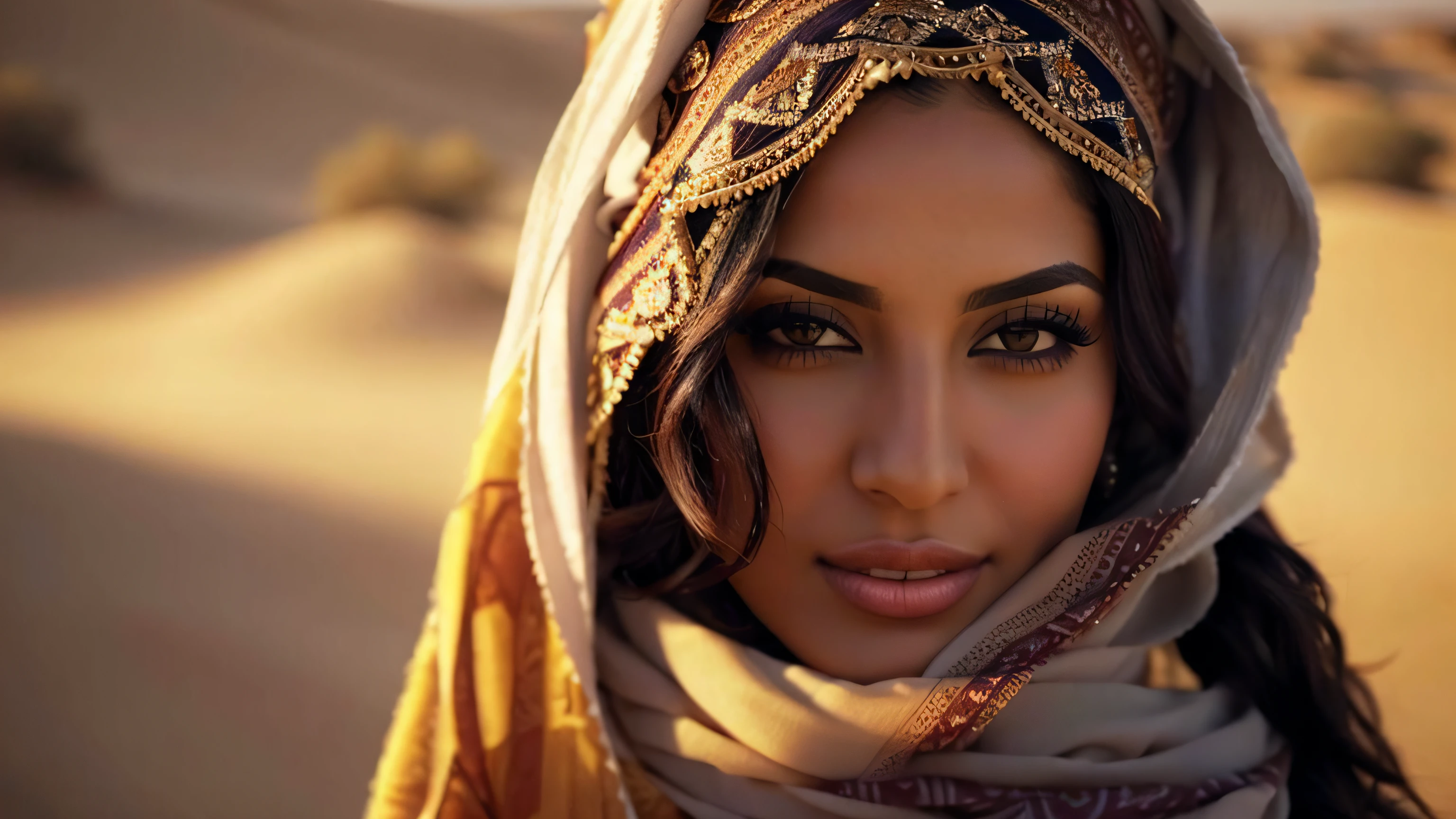 a close up of a woman wearing a scarf and a scarf over her head, arabian beauty, beautiful arab woman, middle eastern skin, beautiful iranian woman, gorgeous woman, photo of a beautiful woman, detailed face of an arabic woman, arabian princess, gorgeous beautiful woman, beautiful jewish woman, very beautiful woman, beautiful woman, extremely beautiful face, middle eastern, arab inspired