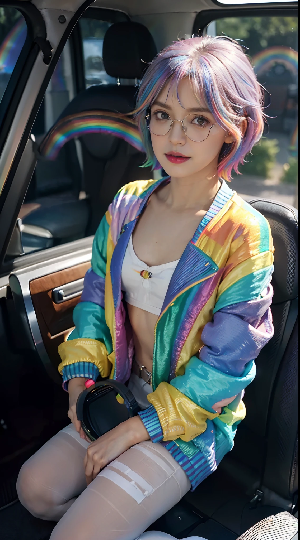 ((Small underboob)), (shoulder length straight short hair:1.0),(rainbow color hair:1.5),Upper body, （Extremely meticulous CG 8k wallpaper），（Extremely refined and beautiful），（Masterpiece），（best qualtiy：1.0），（Ultra High Resolution：1.0），beautiful light up，Perfect lightning，realistic shaded，[A high resolution]，Smooth and flawless fair skin，Extremely exquisite facial details，（perfect body：1.1），ultra - detailed，A beautiful girl，small head,glasses,(Small breasts:1.1)，Flat chests，slim，thin，Smile，cheerfulness，(rainbow color jacket:1.5),(white pantyhose:1.5），autumn，Morning,in a spacious private car,A female driver,(Kneeling on the seat seat:1.5),(steering wheel:1.5),intently driving car,safety belt,Shot,(cowboy shot:1.3),as if the camera is on the passenger seat,(Portrait above chest level:1.3),looking straight ahead,