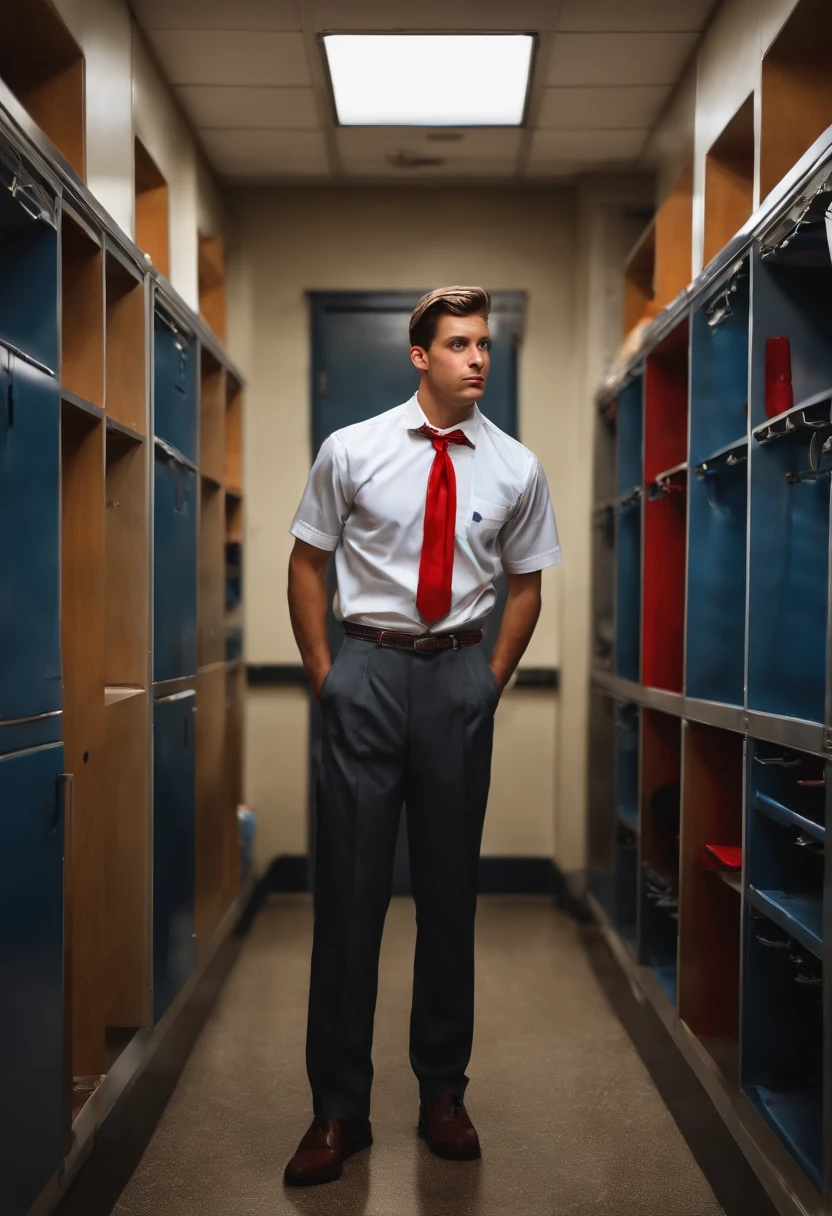 Hyper photorealistic, full body, college nerd, white short sleeved button down, red bowtie, blue suspenders, pocket protector, dental headgear, dress pants, white tube socks, loafers, in a hanging wedgie from a hook in the locker room.
