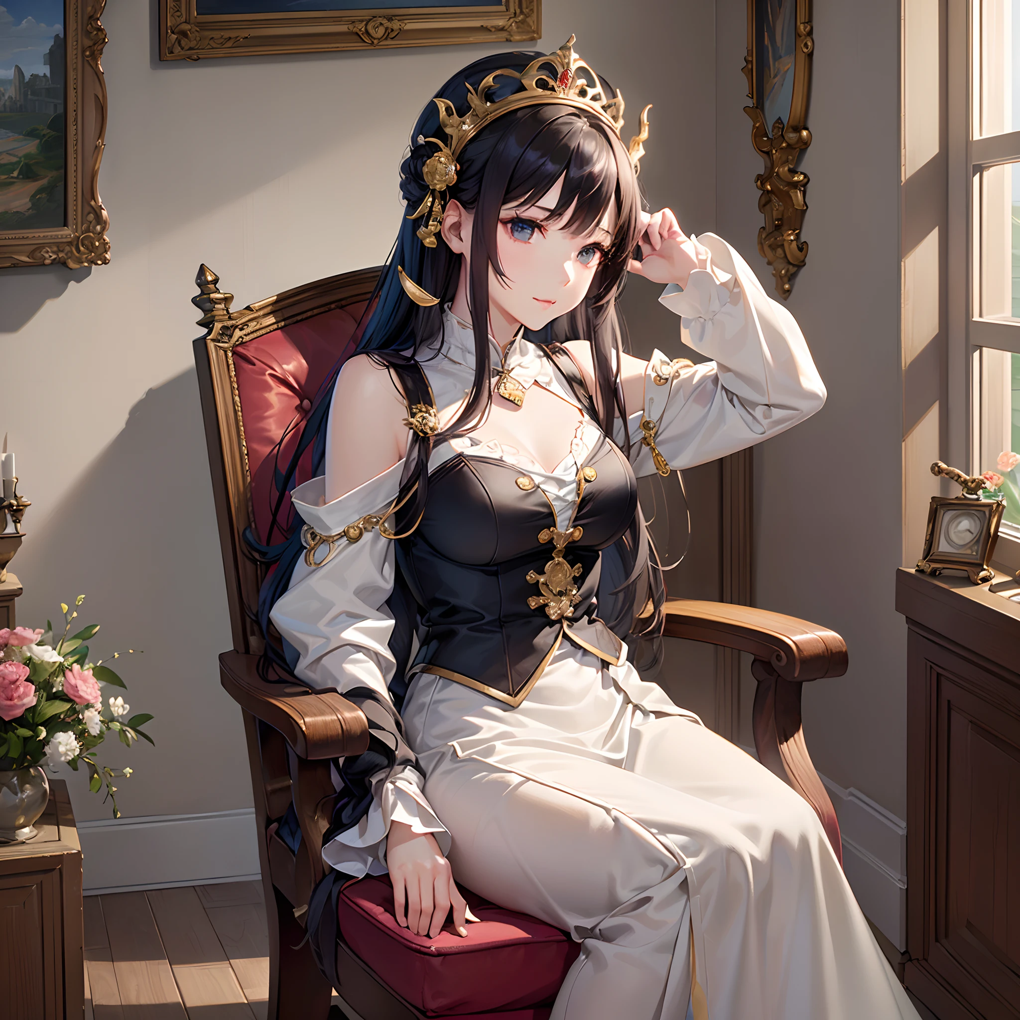 ((Finest quality)),(超A high resolution),(ultra-detailliert),(Meticulous portrayal),((Best CG)),(Finest works of art),Ultra-Precision Art,The art of astounding depiction, (1人の女性:1.5), Sitting in a rocking chair:1.3,Hall Clock