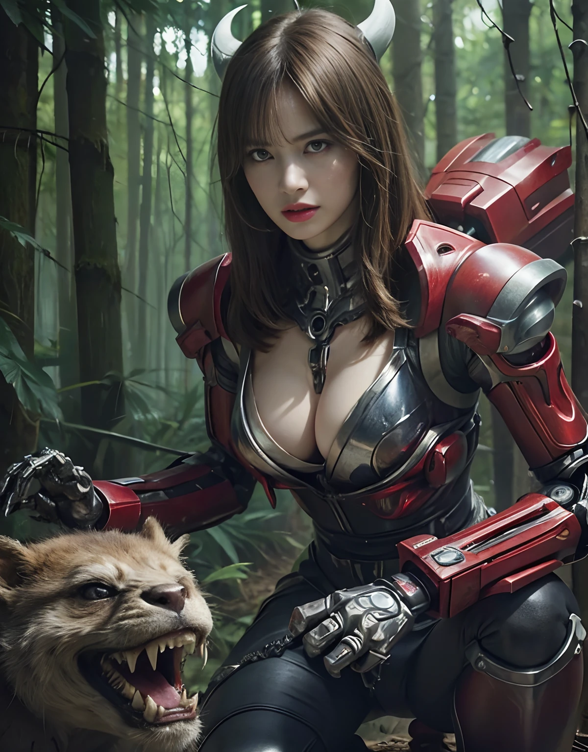 (1 Mechanical Girl)、top-quality、​masterpiece、超A high resolution、(Photorealsitic:1.4)、Raw photo、女の子1人、Fight mutants、glowy skin、(((1 Mechanical Girl)))、With a beautiful knife、（Yellow Metal Bodysuit）、(Kobold、ogre、Fierce battle with orcs),（Fight fiercely against aliens）、Fight fiercely、(beautiful forest background)、(Fighting Demonic Beasts)、(Small LED)、((super realistic details))、portlate、(Strong giant demon beast background),globalillumination、Shadow、octan render、8K、ultrasharp、Colossal tits、Raw skin is exposed in cleavage、metals、Details of complex ornaments、Japan details、highly intricate detail、Realistic light、(Mystical expression),CGSoation Trends、Red Eyes、radiant eyes、Facing the camera、neon details、(Mechanical limbs)、(blood vessels connected to tubes)、Mechanical vertebrae attached to the back、mechanical cervical attaching to neck、(Wires and cables connecting to the head)、Gundam、Small LED、,Mechanical thighs、Toostock、（Hands are also made of machines）、（Attack of the Monster Beasts）、（Wounded in a deadly battle）、