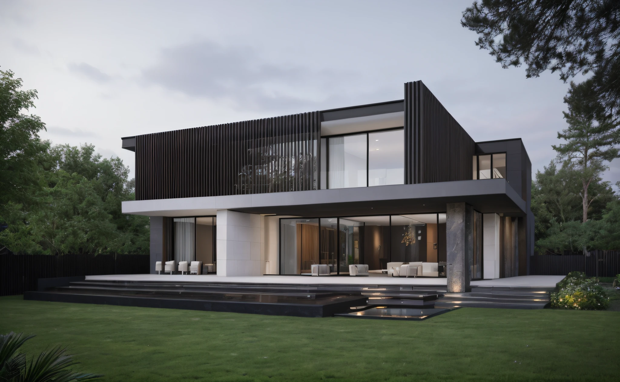 RAW photo,Masterpiece, high quality, best quality, authentic, super detail, exterior, railing glass the style of dark gray and bronze,bold black outlines, clean lin,modernism, house style modern on the garden with glass windows, (a road in front of the villa), 2nd floor wooden louvers, light light, reflective glass, white wall, tree, garden,( realistic :1.2), summer beautiful sky,