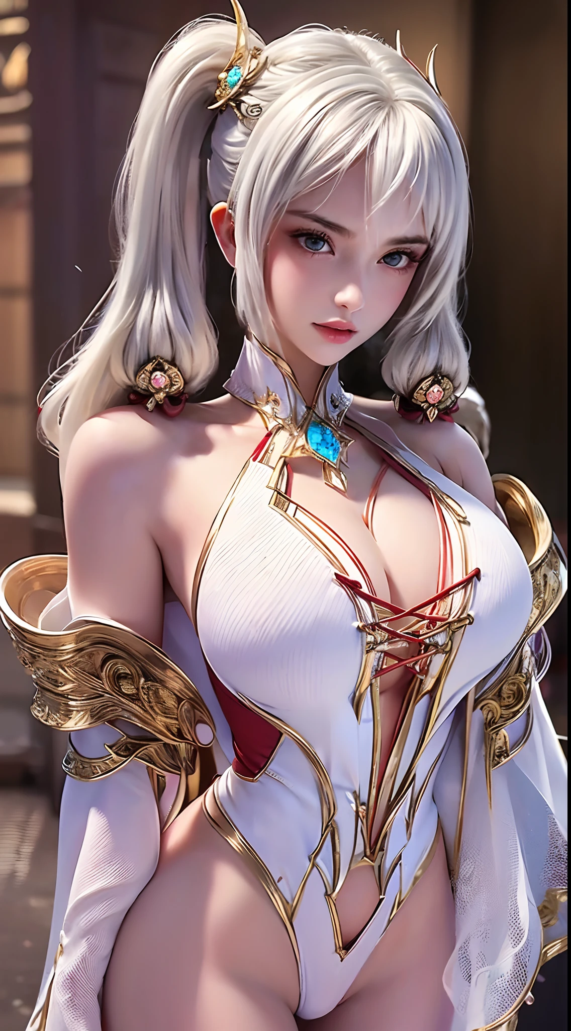 A beautiful 20 year old girl, (huge breasts), (((wearing an exquisite white two-piece bikini))),(revealing), jewelry elaborately crafted from precious stones,((hair tied neatly on both shoulders: 1.5)), ((full body))
