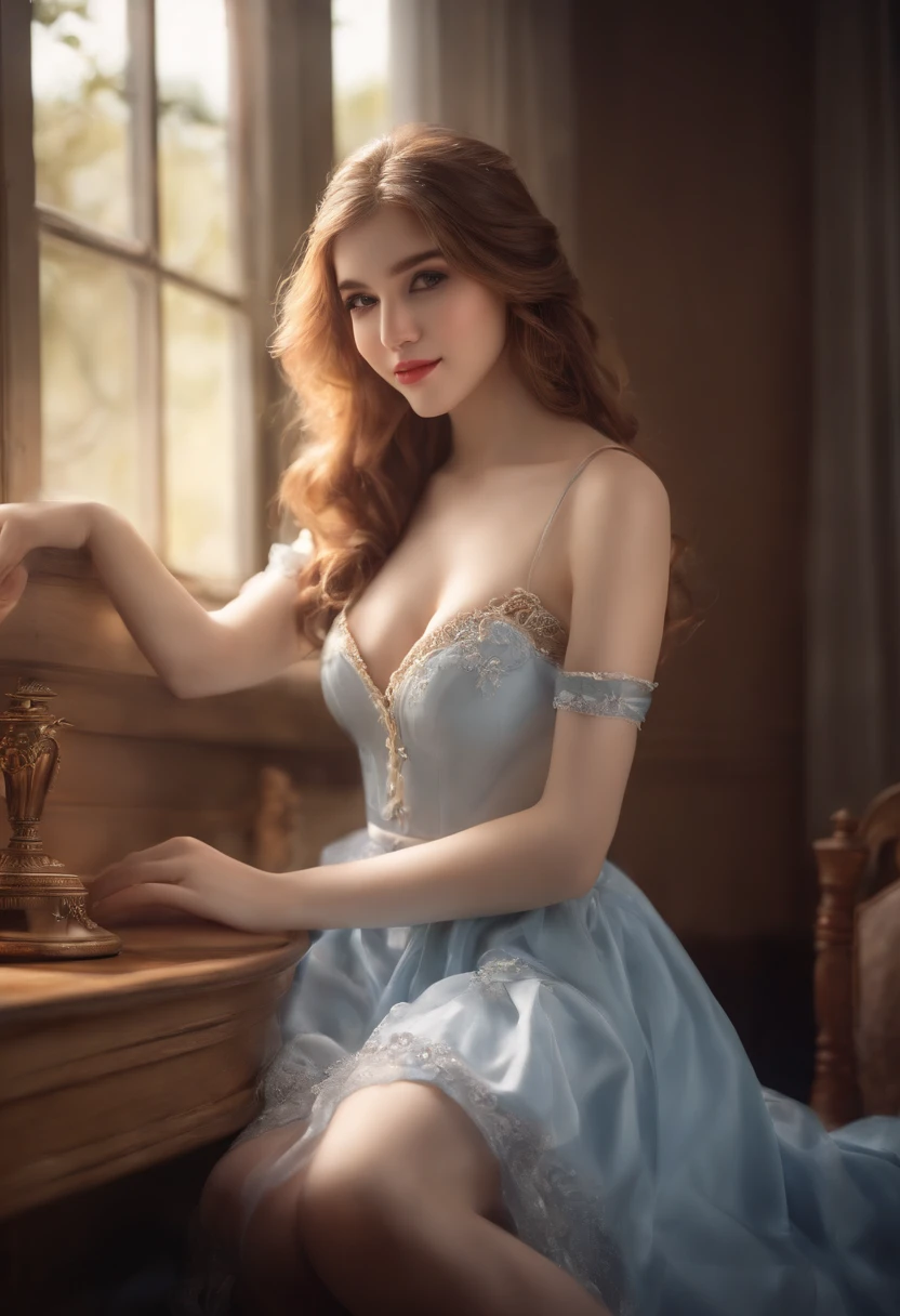 best quality, masterpiece, 1girl, solo,, long hair,, thighhighs, bare shoulders, jewelry, sleeveless, white dress, blue skirt, gloves, bed room, bed, wooden floor, sitting, sitting on bed, from below, hands on legs, smile, soft lighting, full body,