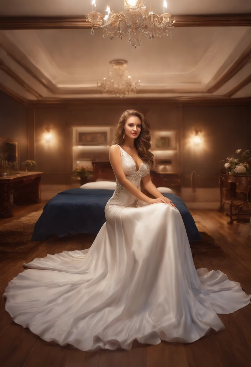 best quality, masterpiece, 1girl, solo,, long hair,, thighhighs, bare shoulders, jewelry, sleeveless, white dress, blue skirt, gloves, bed room, bed, wooden floor, sitting, sitting on bed, from below, hands on legs, smile, soft lighting, full body,