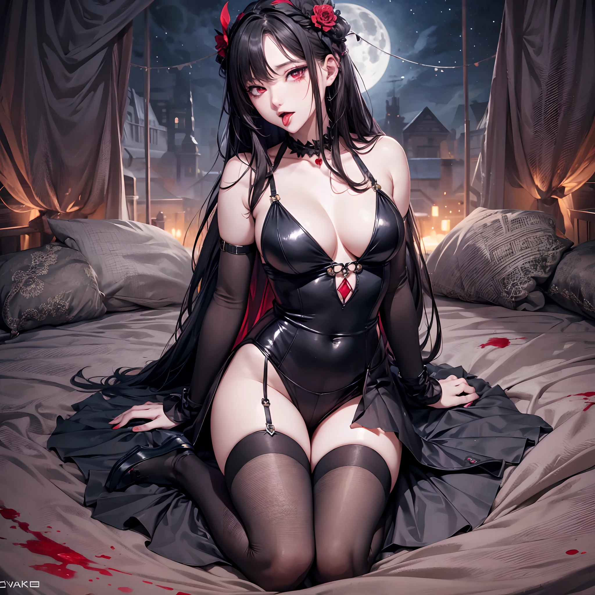 masterpiece, masterpiece, one, full body, horror, wink, tongue out, cleavage, long black hair, red eyes, return blood, starry sky and full moon