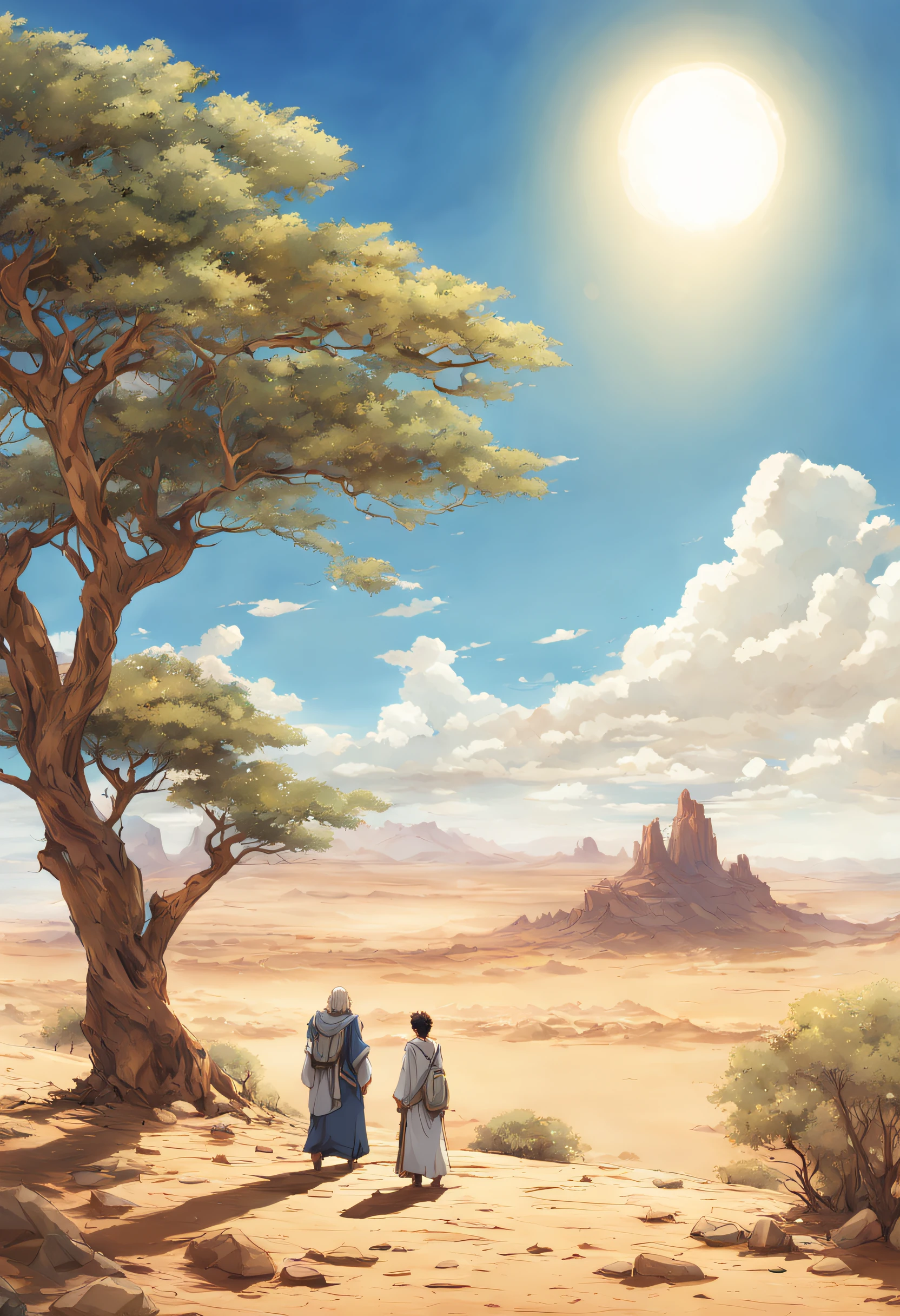A vast desert plain stretches as far as the eye can see, Under the relentless heat of the sun. No horizonte, uma montanha majestosa se ergue, Its majesty cutting through the deep blue sky. In this arid and lonely setting, Abraham, With a heavy heart, leads his son Isaac toward the divine destiny. imagem estilo anime