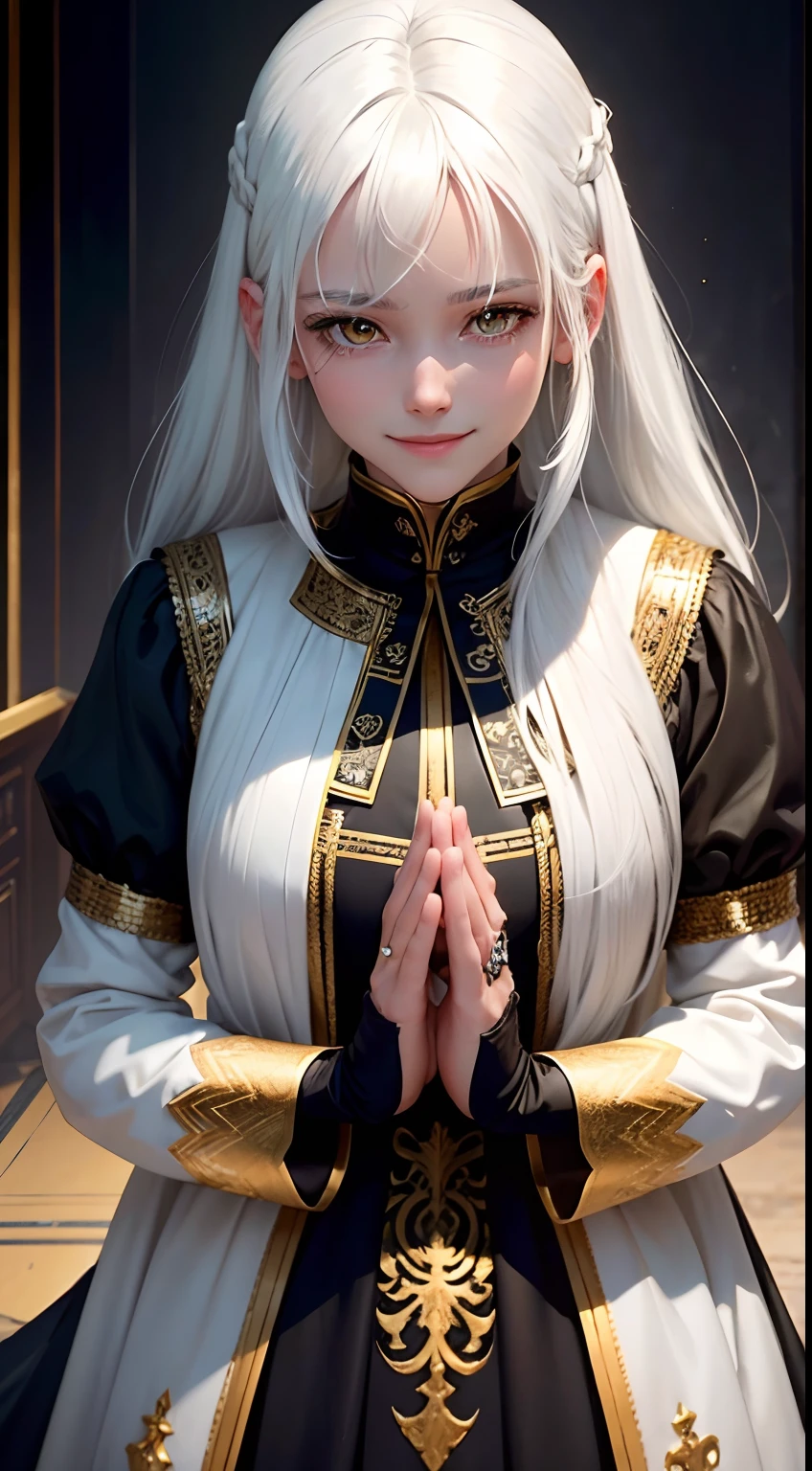 best quality, white hair, gold eyes, black clothes, hair strand, Fair skin, smiling, bowing
