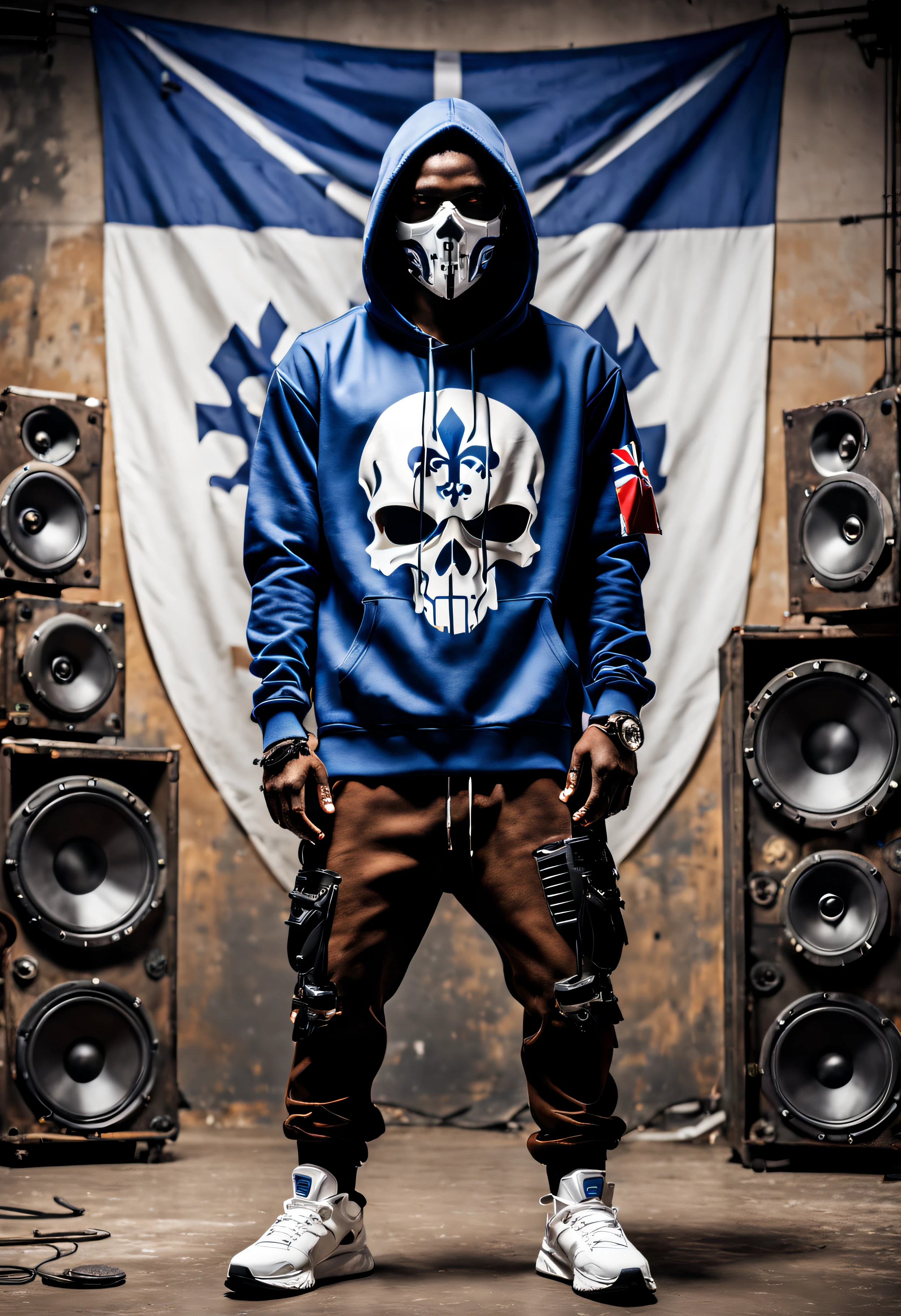 Rapper with white and blue QUEBEC flag hoodie, front view,  black baggie pants, rusted and damaged metal skull mask with intricate details and gears and bullets,  dynamic hiphop pose, hazy atmosphere, walls of studio speakers, rusty microphone scattered on the ground, (( from back ))