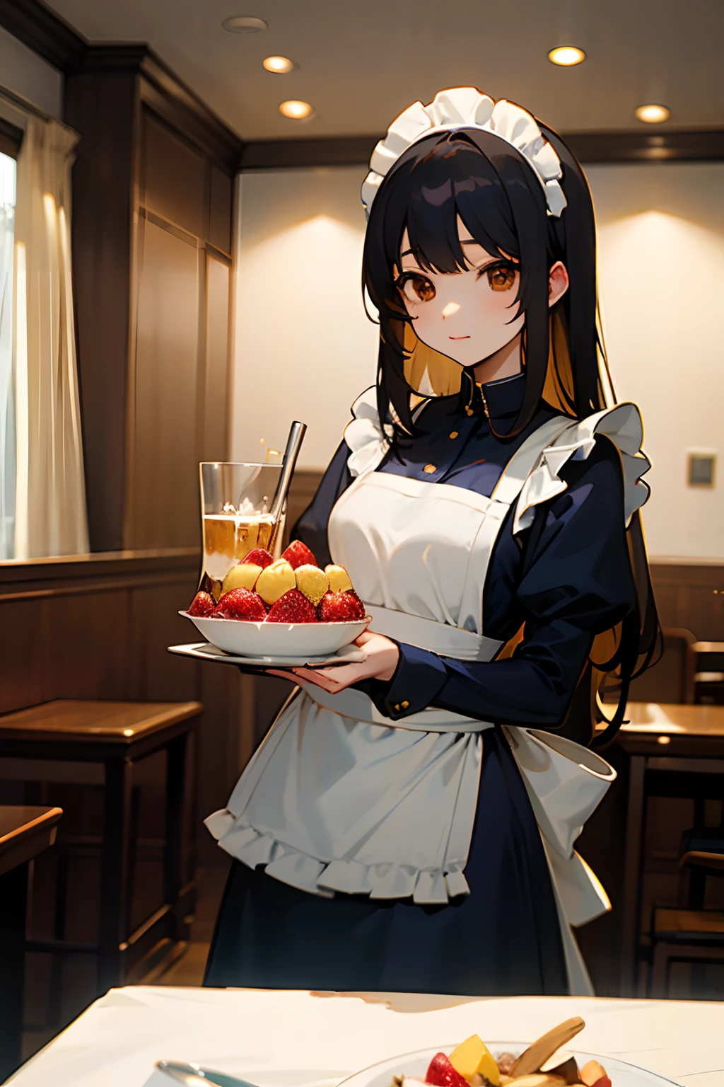 Semi-long black hair、a beauty girl、Navy blue maid clothes、Maid Cafe、serving、Brown eyes、Carry a fruit parfait、Glass vessels、