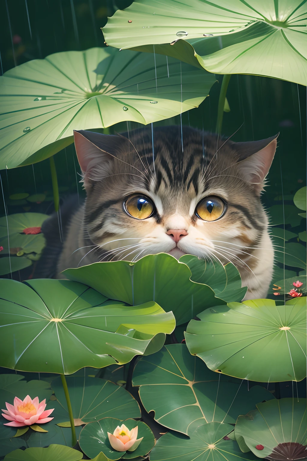 rainy days, A round-eyed cute cat, Take shelter from the rain under a large lotus leaf, trpical garden.