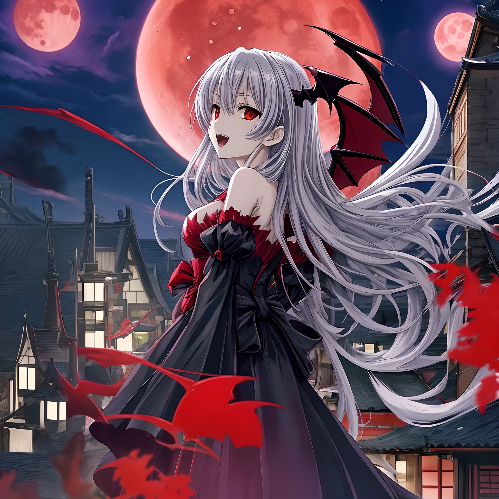 Kyoto Animation, highly detailed vampire fangs, vampire woman, detailed red moon night, break, big bat wings, roof of the building, silver hair,