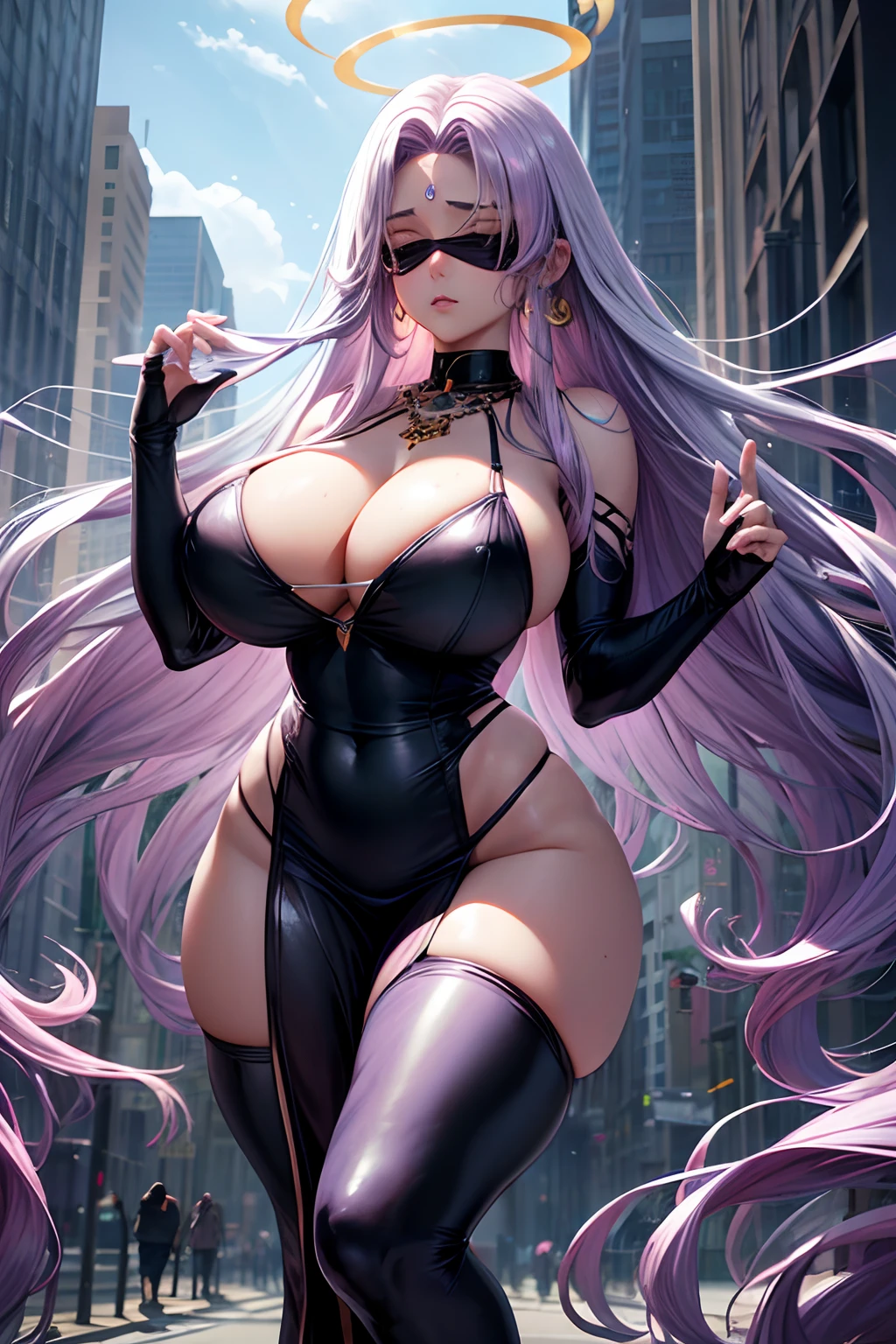 (8K, super-fine, super-fine, High quality, special effects, highest masterpiece, Realistic effects, Vivid, natural motion, Full body shot), Two sexy women, Stand on the streets of Winterwood City, Long curly lilac hair, Ridiculous purple hair, Sexy, Sexy tight black dress, See-through, divino, necklace, Earrings, Halo, ring, (elastic muscles, elastic muscles, Beautiful hair) Huge breasts, Raised, See-through, , Wide hips, big cuvy hips, White, Moisturized skin, Beautiful eyes), , fate, Medusa, Blindfold