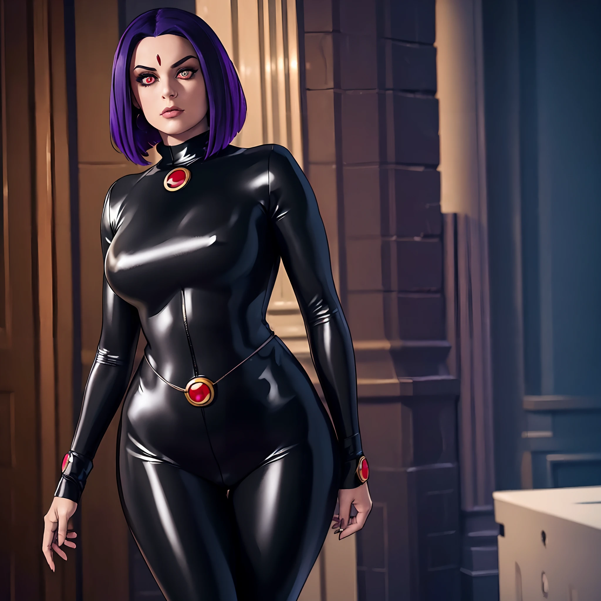 (best quality,ultra-detailed,realistic:1.37),Raven,thick,nsfw,hourglass figure,latex suit,dark atmosphere,golden eyes,intense gaze,seductive pose,sleek hair,mysterious background,shiny texture,hypnotic makeup,vivid colors,low-key lighting,artistic rendering, hourglass figure, thick, curvy, small waist, wearing her superhero suit,