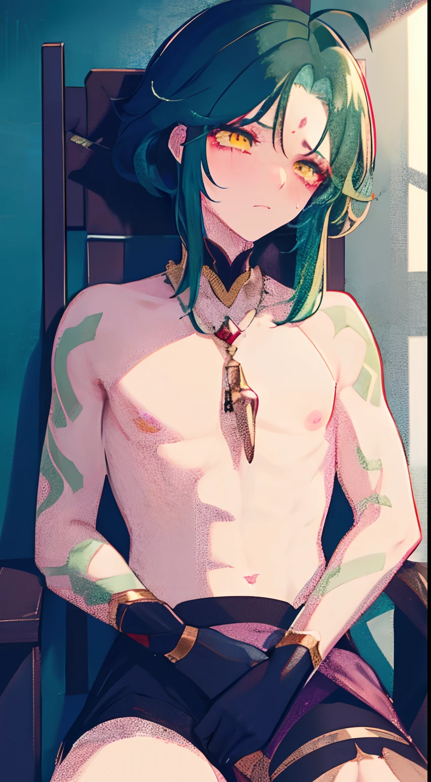 1boy,dark green hair,best quality,masterpiece,extremley,yellow eyes,male focus,beautiful eyes, make a head hand, blush, inside, bondage breast, expose, ?????, medium breast, masterpiece, best quality, more detail, shine from the light,sitting on chair, tape and bondage, rope tight body, crying, angry, pussy, struggling, blush, kidnapped, Xiao (genshin impact), BDSM, tied, ???????, bleed