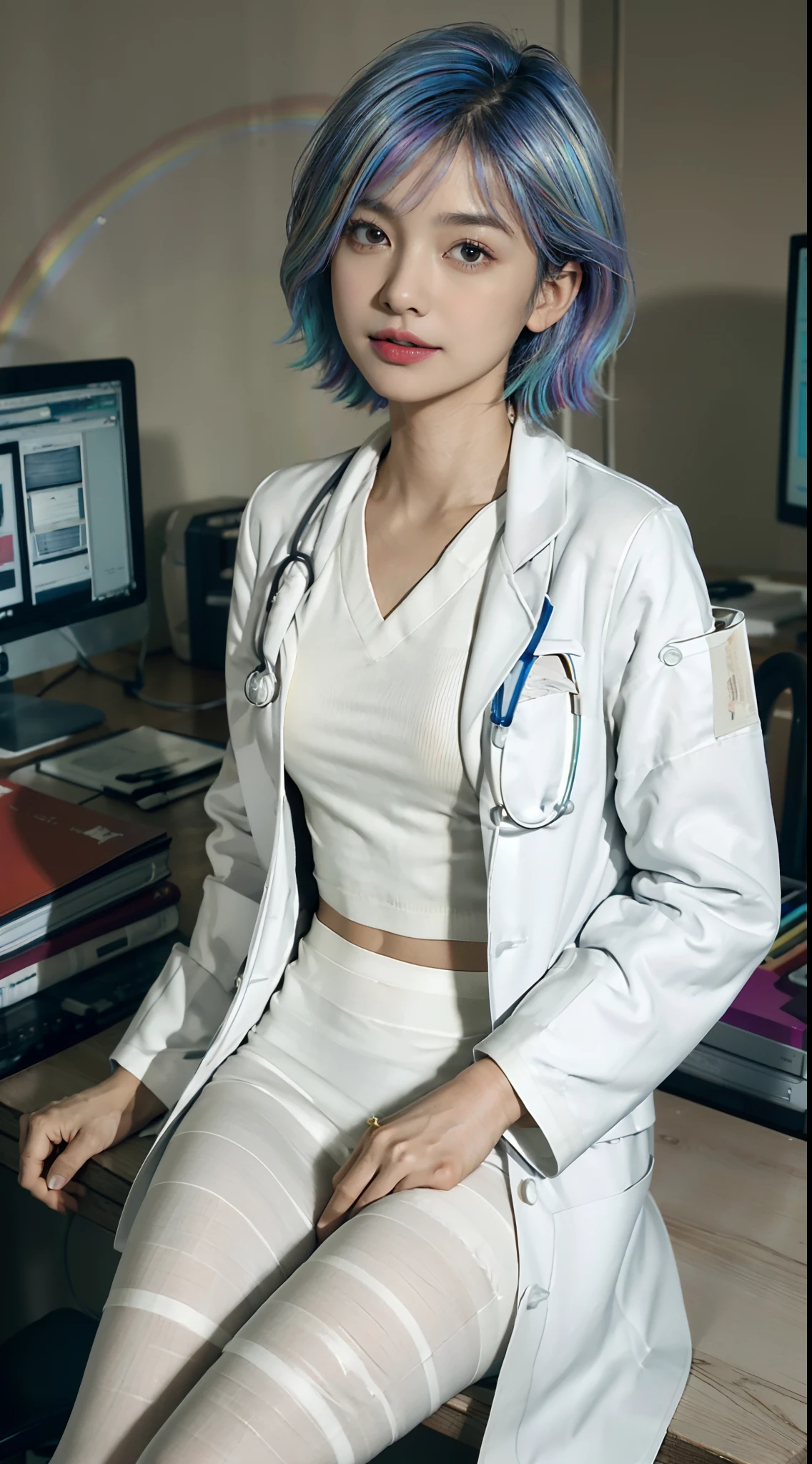 ((Small underboob)), (shoulder-length straight short hair: 1.1),(rainbow color hair:1.5),Upper body, （Extremely meticulous CG 8k wallpaper），（Extremely refined and beautiful），（Masterpiece），（best qualtiy：1.0），（Ultra High Resolution：1.0），beautiful light up，Perfect lightning，realistic shaded，[A high resolution]，Smooth and flawless fair skin，Extremely exquisite facial details，（perfect body：1.1），ultra - detailed,A beautiful girl，small head,(Small breasts:1.1)，Flat chests，slim，thin，Smile，cheerfulness,(doctor's white coat:1.7),(white pantyhose:1.4),autumn,Morning,A female doctor，wearing glasses,Medical mask,In a dilapidated hospital，In the office,(Sitting in a chair next to the computer:1.5),Close Shot,(piles of red bills stacked on the table:1.5),cowboy shot,Portrait above chest level