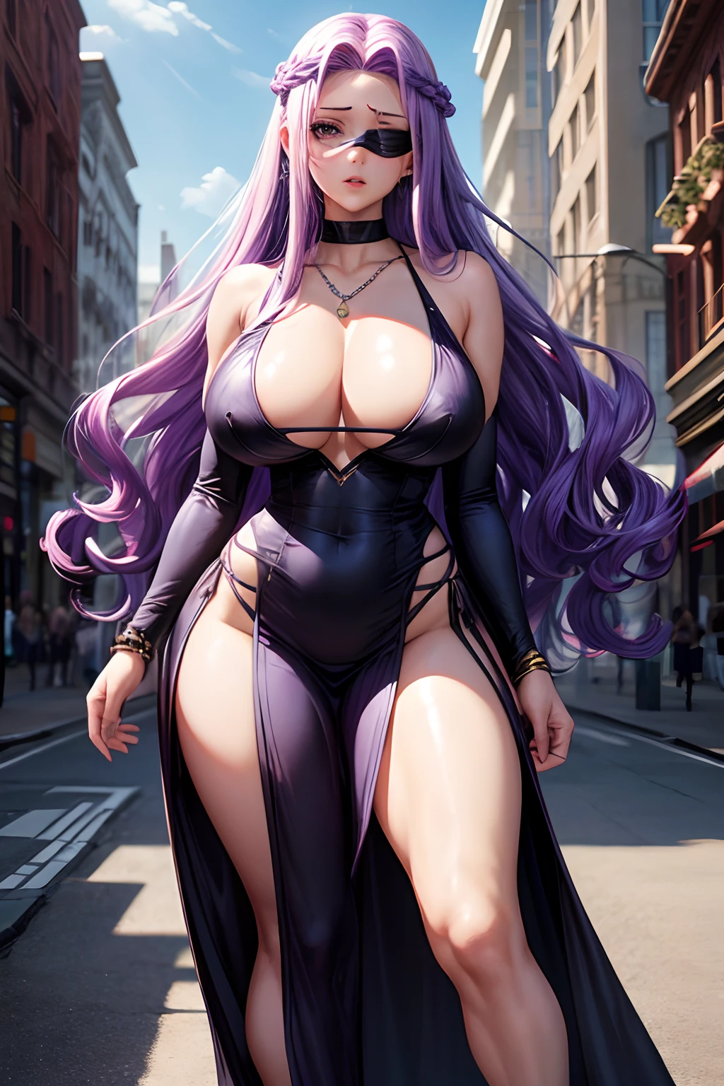 (8K, super-fine, super-fine, High quality, special effects, highest masterpiece, Realistic effects, Vivid, natural motion, Full body shot), Two sexy women, Stand on the streets of Winterwood City, Long curly lilac hair, Ridiculous purple hair, Sexy, Sexy tight black dress, See-through, divino, necklace, Earrings, Halo, ring, (elastic muscles, elastic muscles, Beautiful hair) Huge breasts, Raised, See-through, , Wide hips, big cuvy hips, White, Moisturized skin, Beautiful eyes), , fate, Medusa, Blindfold