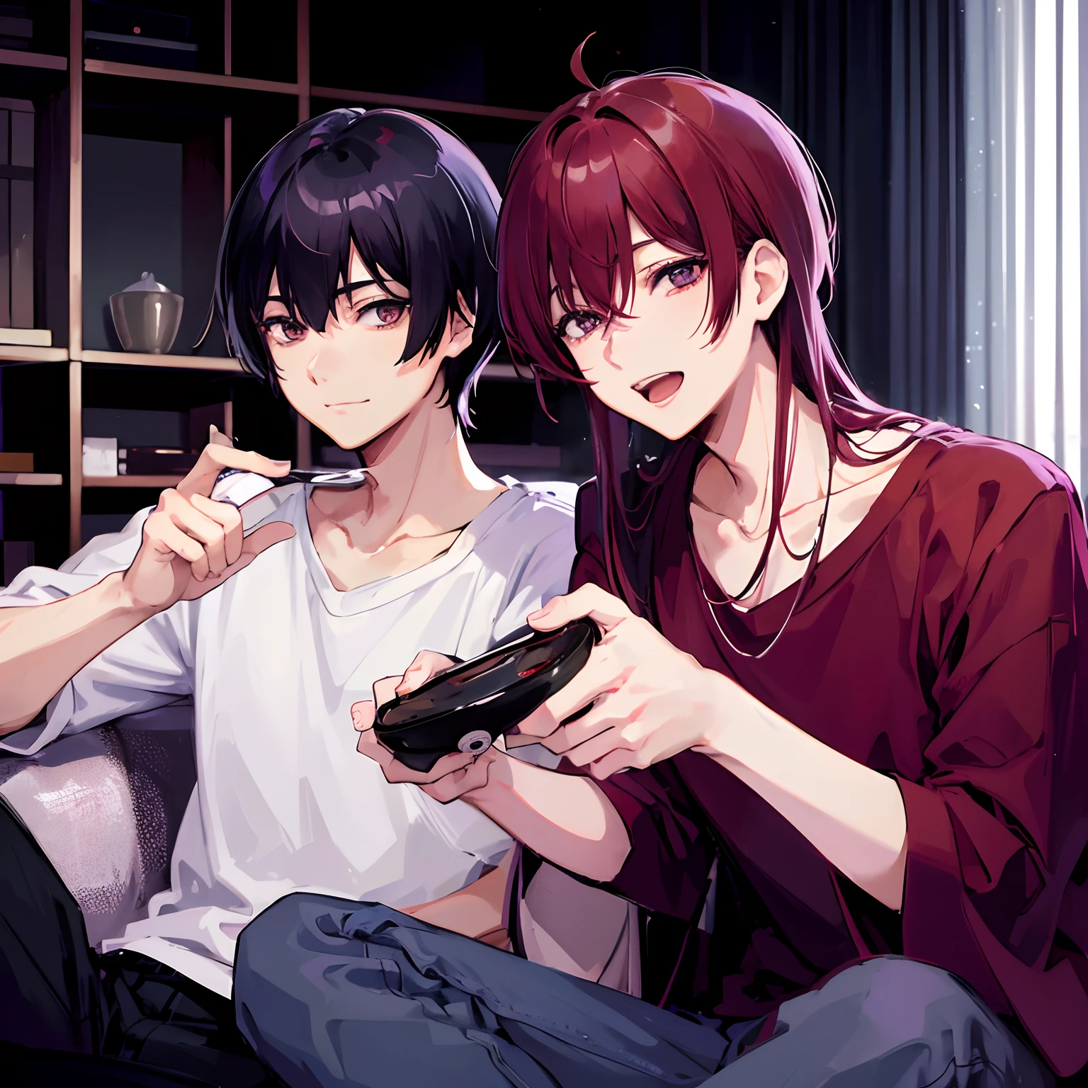 Japanese anime, two beautiful young men, one with black hair, bowl cut and purple eyes, the other with red hair, long medium length and gray eyes, playing games in a stylish home, black room, having fun, laughing,