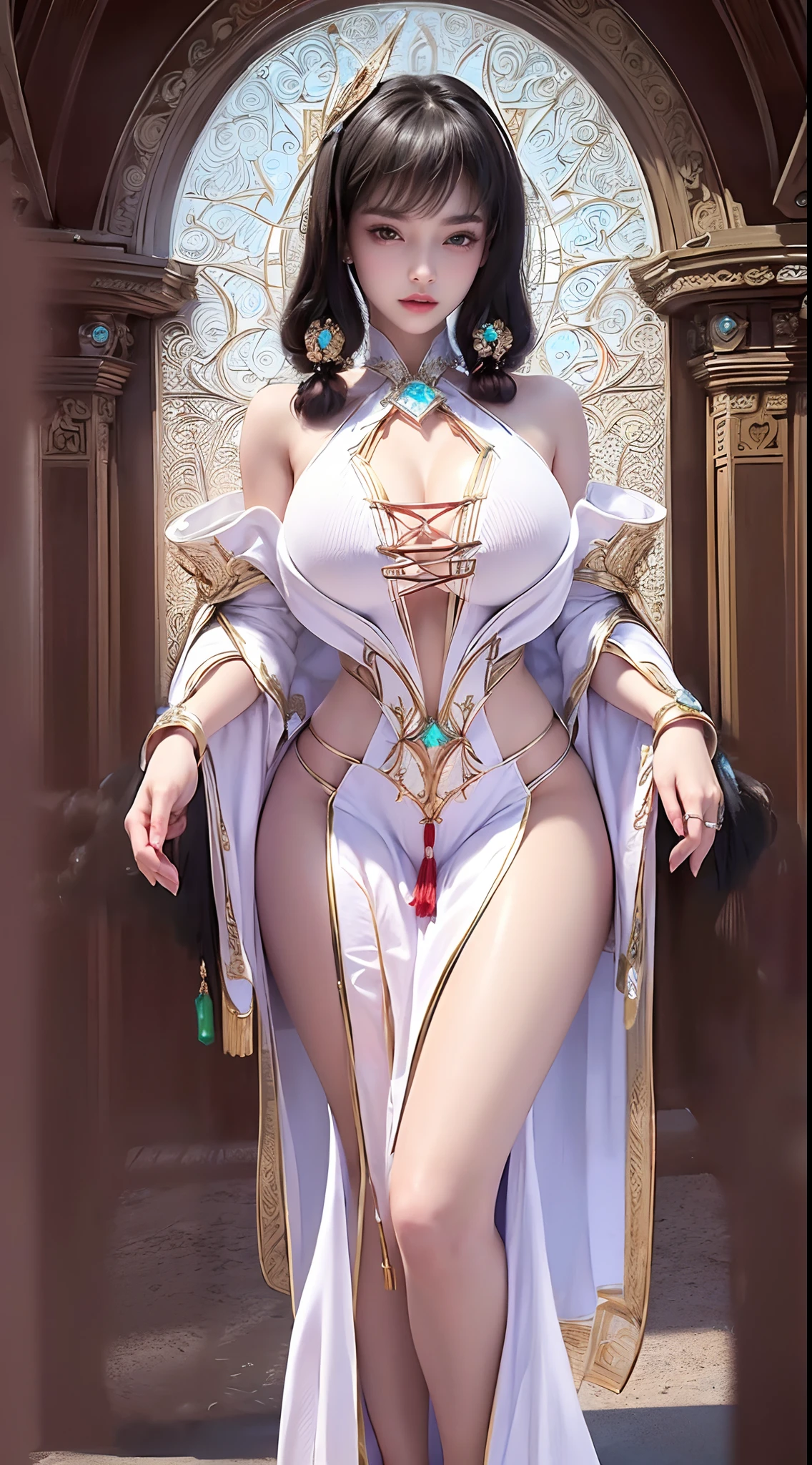 A beautiful 20 year old girl, (huge breasts), (((wearing an exquisite white two-piece bikini))),(revealing), jewelry elaborately crafted from precious stones,((hair tied neatly on both shoulders: 1.5)), ((full body))