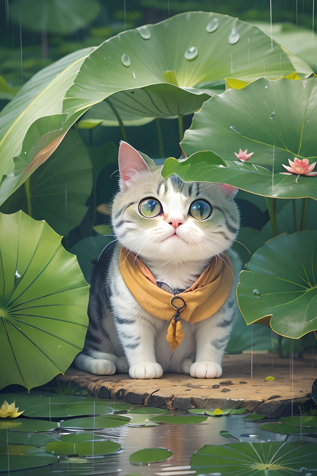 rainy days, A round-eyed cute cat, Take shelter from the rain under a large lotus leaf, trpical garden.