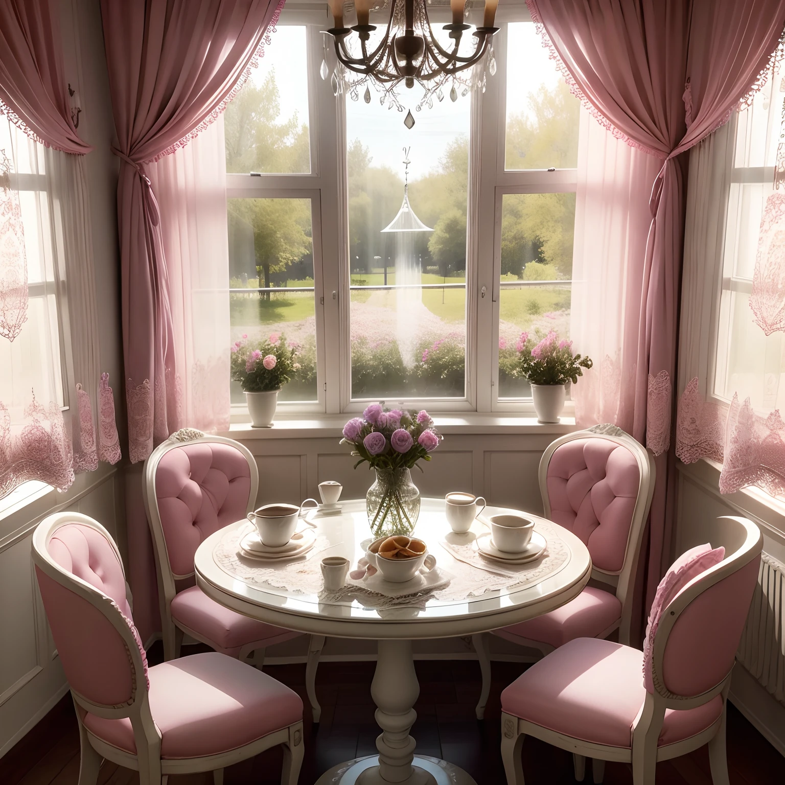 tearoom　Lace curtains　Flowers seen from the window　Round chair　glass　chandeliers　pinkcolor