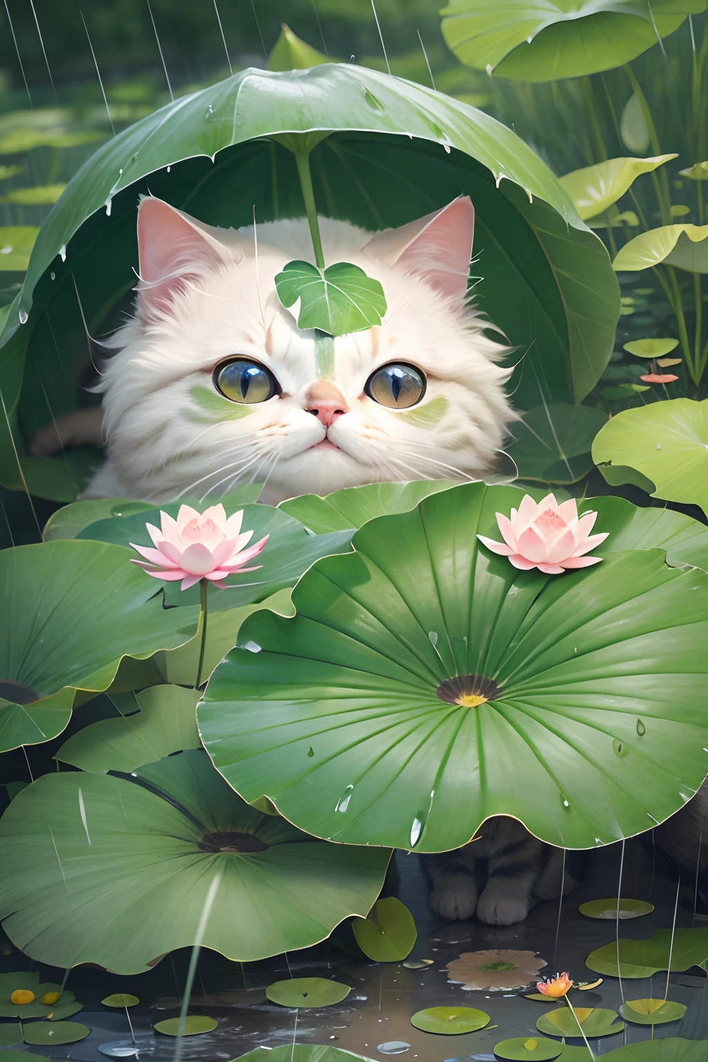 rainy days, A round-eyed cute cat, Take shelter from the rain under a large lotus leaf, trpical garden.