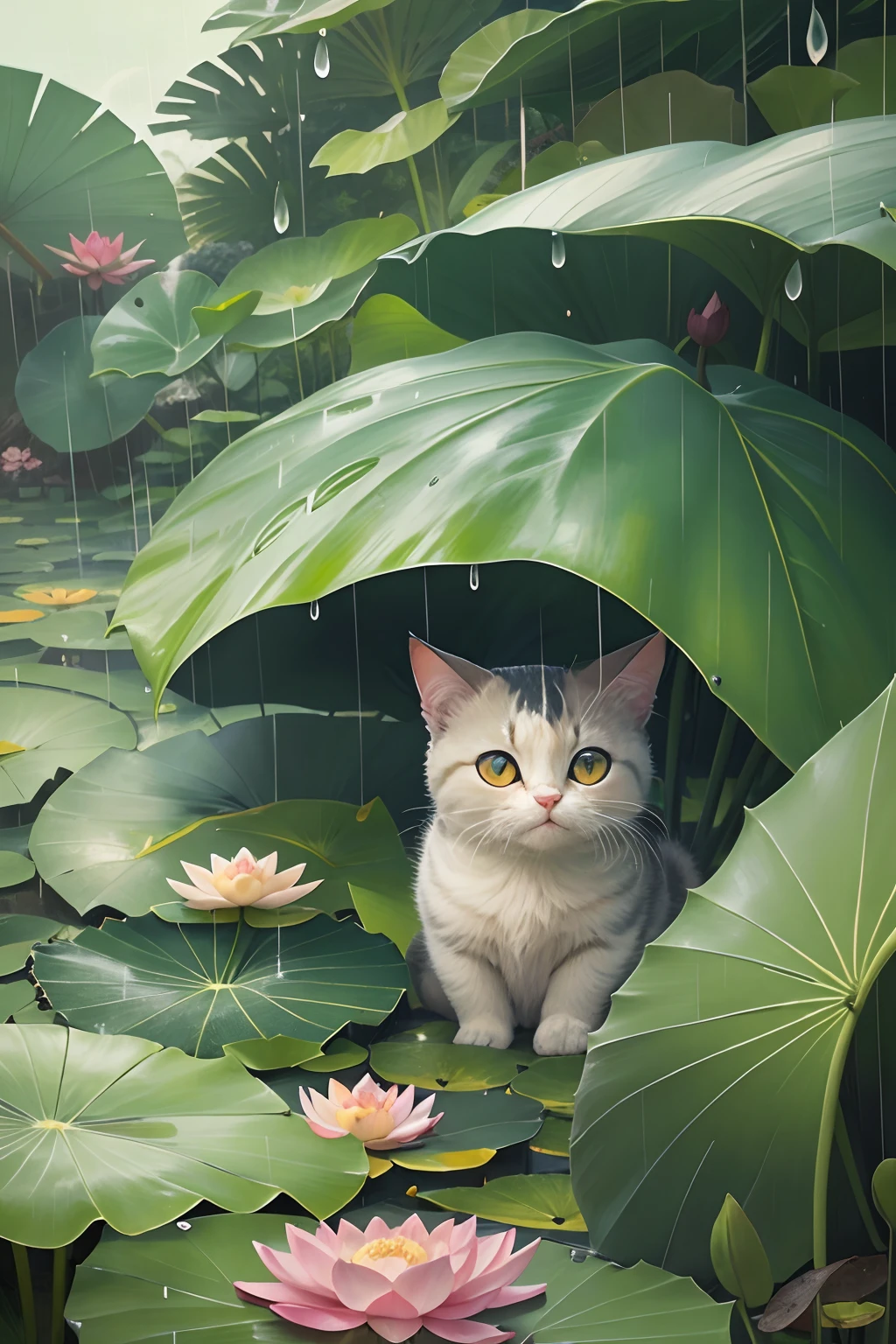 rainy days, A round-eyed cute cat, Take shelter from the rain under a large lotus leaf, trpical garden.