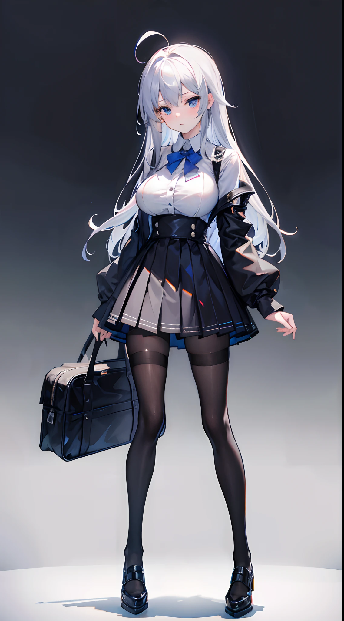 {An ultra-high picture quality}，{Best Quality}, {ultra-detailliert}, {very detailed illustration}, {Top image quality}，{{silber hair}}, Aimei, embarrassed from，Ahoge，Suspender Skirt，adult body，Moderately large breasts，long-sleeve，18-year-old body，Black tights，Full body like，Standing up