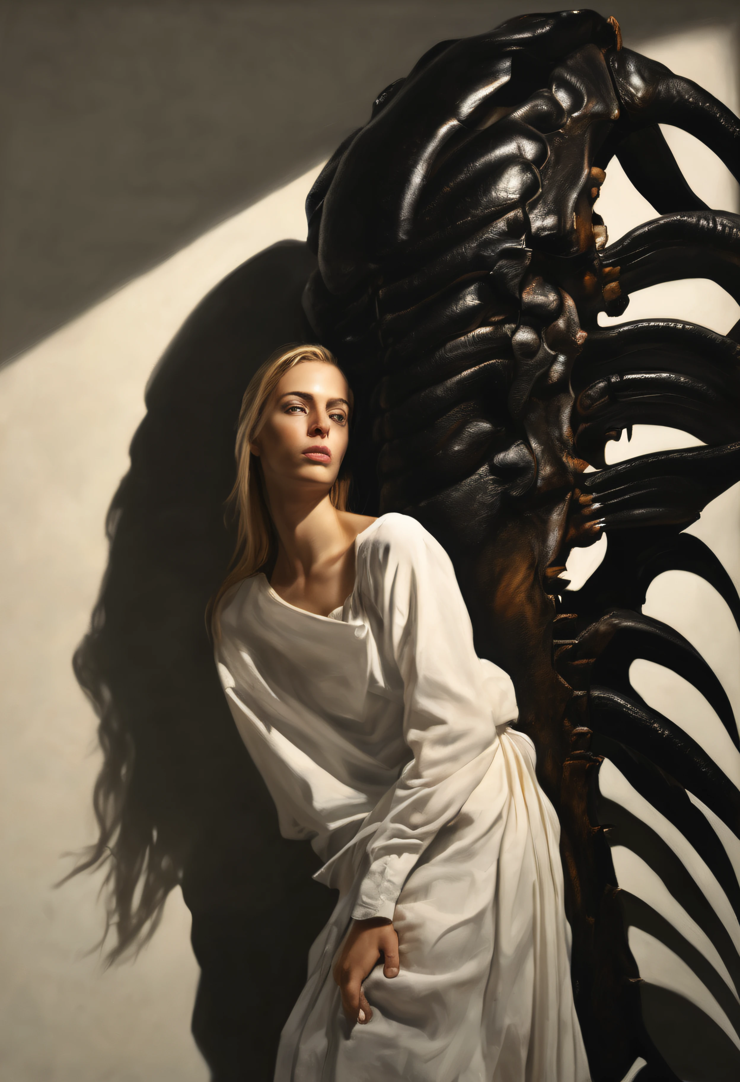 "(The best lighting, alto contraste, oscuro, dramatic),(Chica rubia junto a una cabra negra gigante, Open the rib cage, feto, autopsia, huesos humanos, sangre por las paredes). Luz Caravaggio"