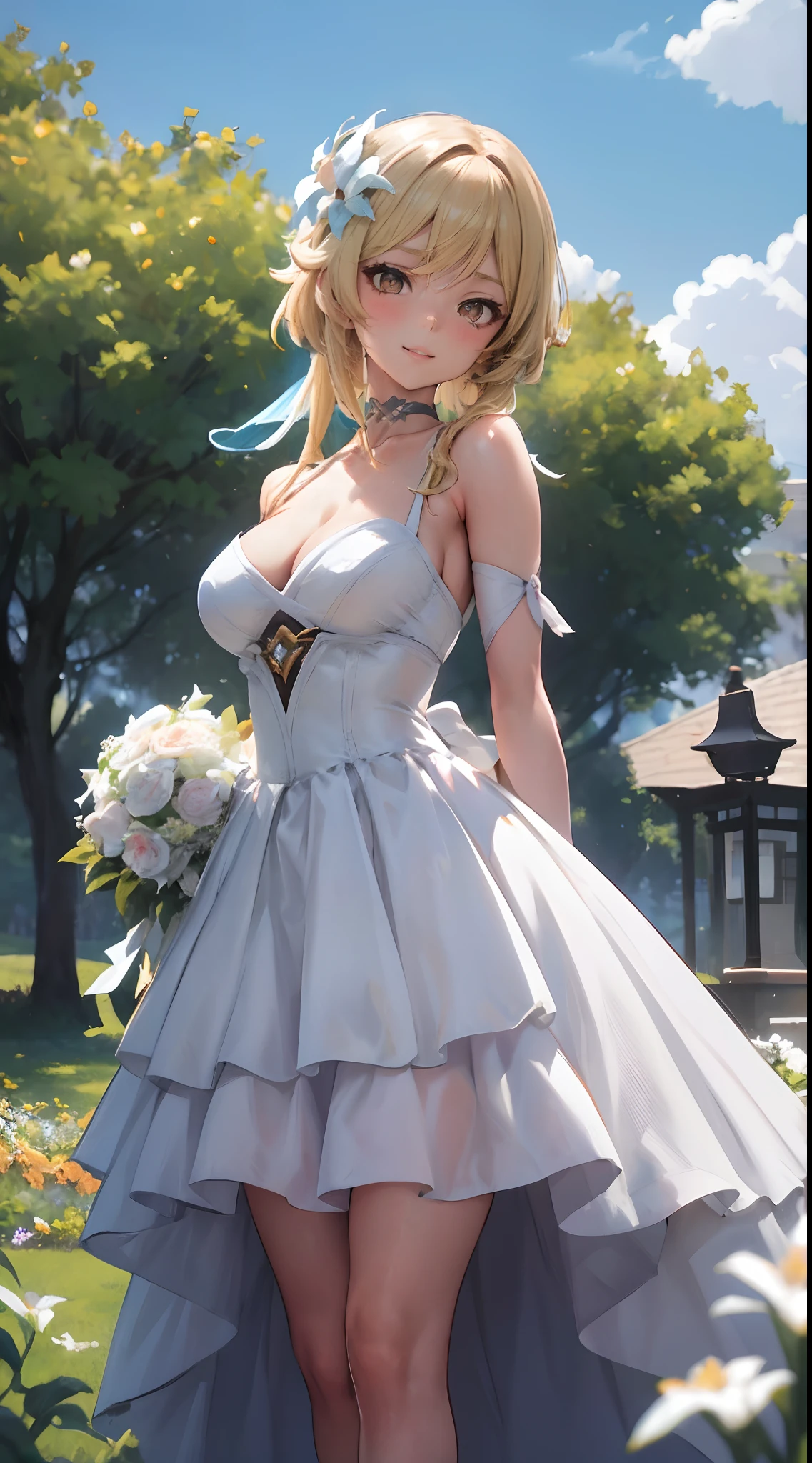 Lumine | genshin impact, master-piece, bestquality, 1girls,25 years old, proportional body, proportional., Wedding Dresses, White Wedding Dress, wedding, mediuml breasts, ,bara, choker, Standing in the middle of a flower garden, outdoor, The sky is beautiful, arm behind back, View viewers from the front., Thigh strap, Head tilt, bored, 10, 10, HD, slight smile,