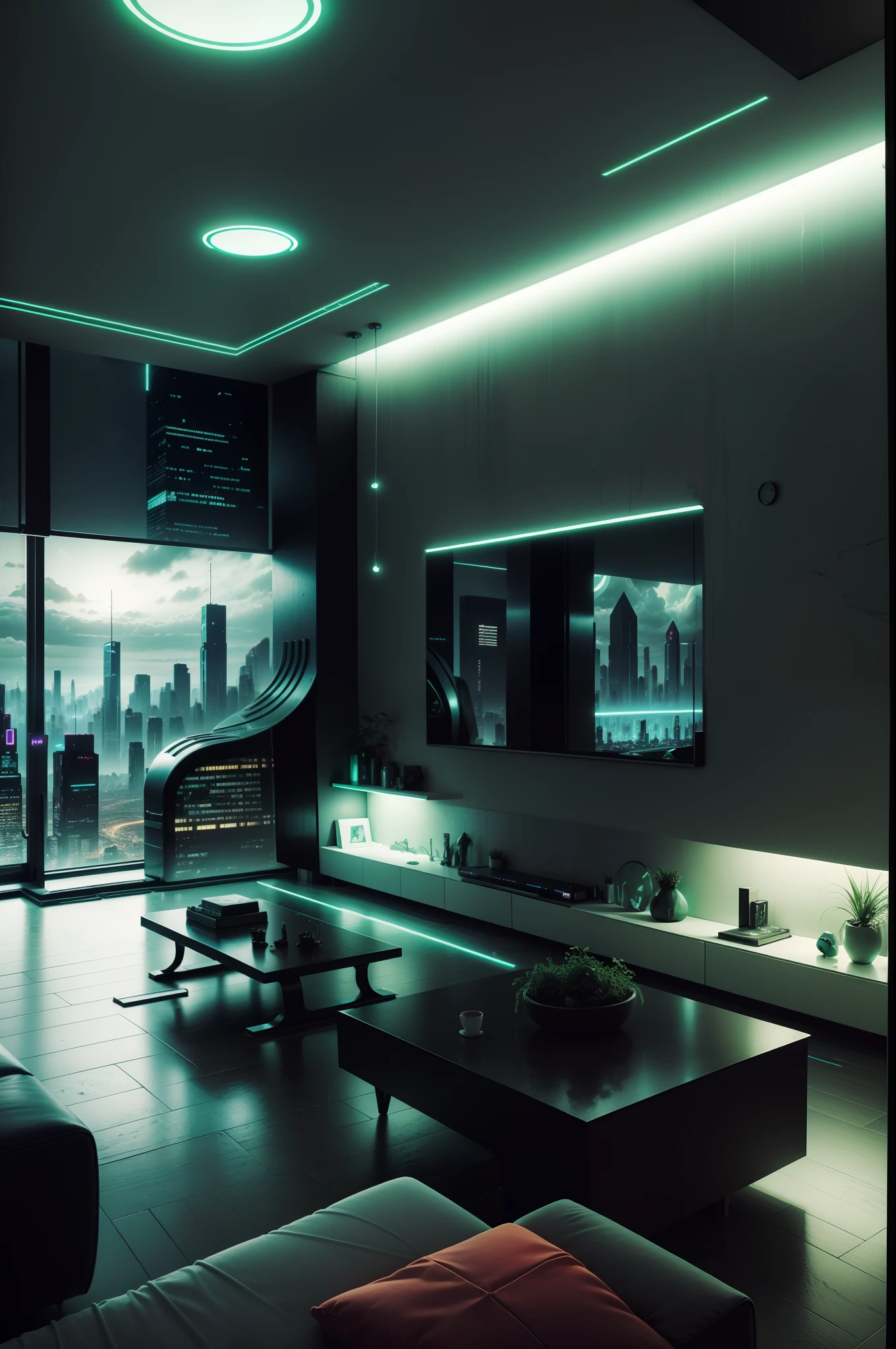 livingroom, cyberpunk theme, futuristic decoration, Green theme