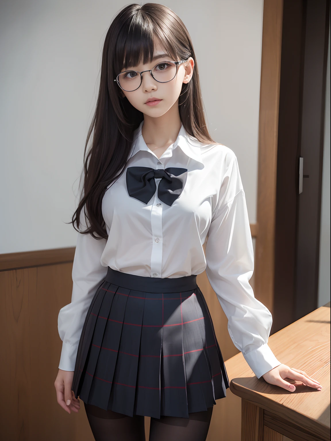 １７Year old girl　High school girl in black high socks Japan　Puffed cheeks　Fume　Lack of strength in the eyes　The skirt is ironed　The shirt is ironed　The tie is about to come off　Plaid skirt　Glasses Twin Tails