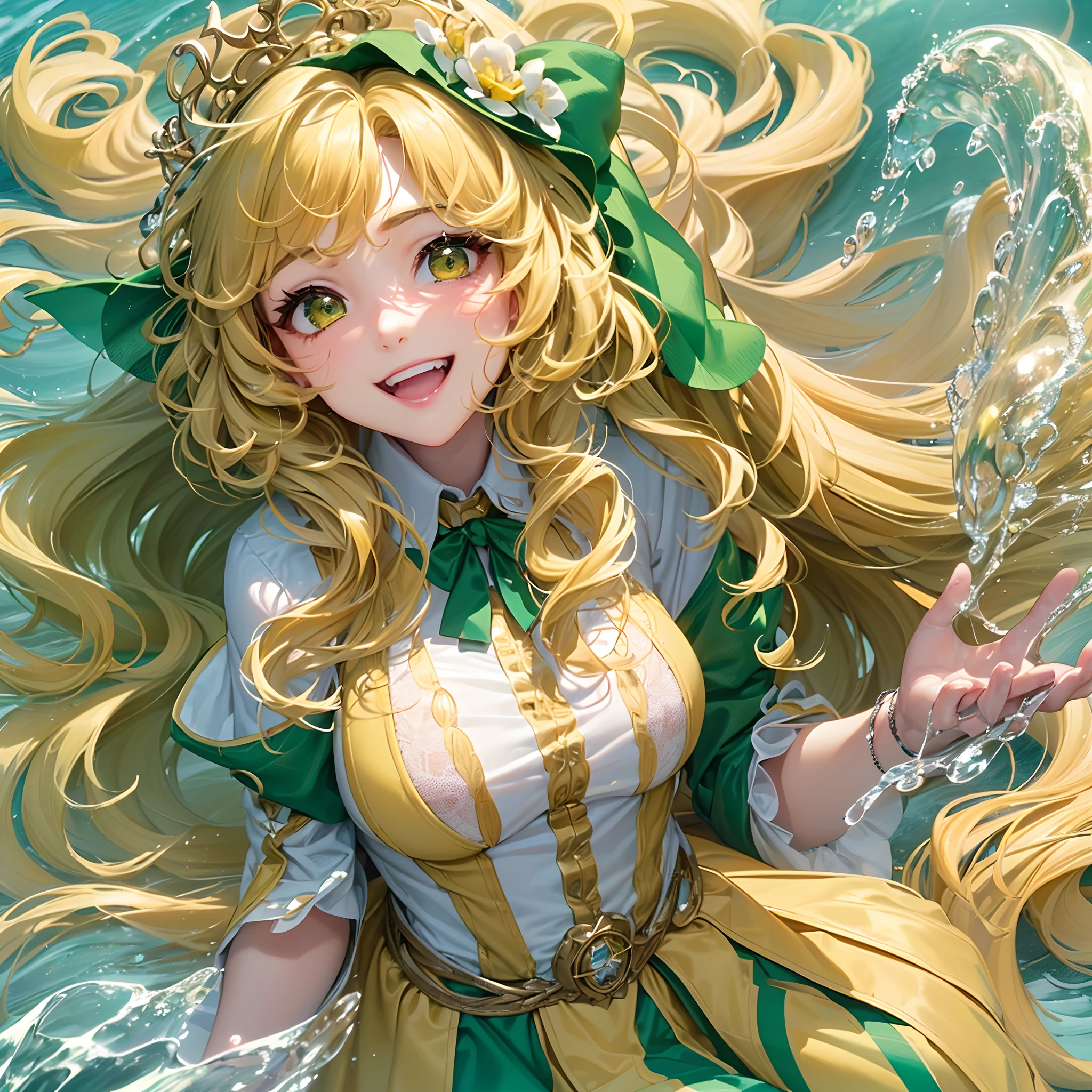 ((Finest quality)),(超A high resolution),(ultra-detailliert),(Meticulous portrayal),((Best CG)),(Finest works of art),Ultra-Precision Art,The art of astounding depiction, (One girl:1.5),huge smile:1.5,a smile,(Yellow-green wavy long hair:1.5), soap bubbles:1.6, Windy Meadow 1.5