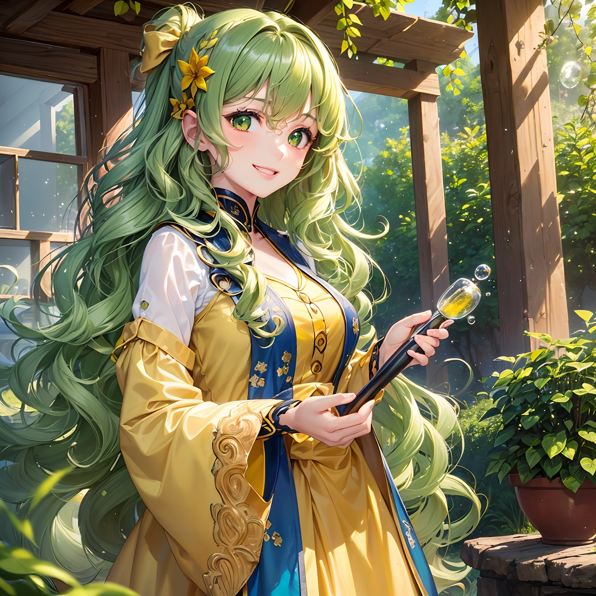((Finest quality)),(超A high resolution),(ultra-detailliert),(Meticulous portrayal),((Best CG)),(Finest works of art),Ultra-Precision Art,The art of astounding depiction, (One girl:1.5),huge smile:1.5,a smile,(Yellow-green wavy long hair:1.5), soap bubbles:1.6, Windy Meadow 1.5
