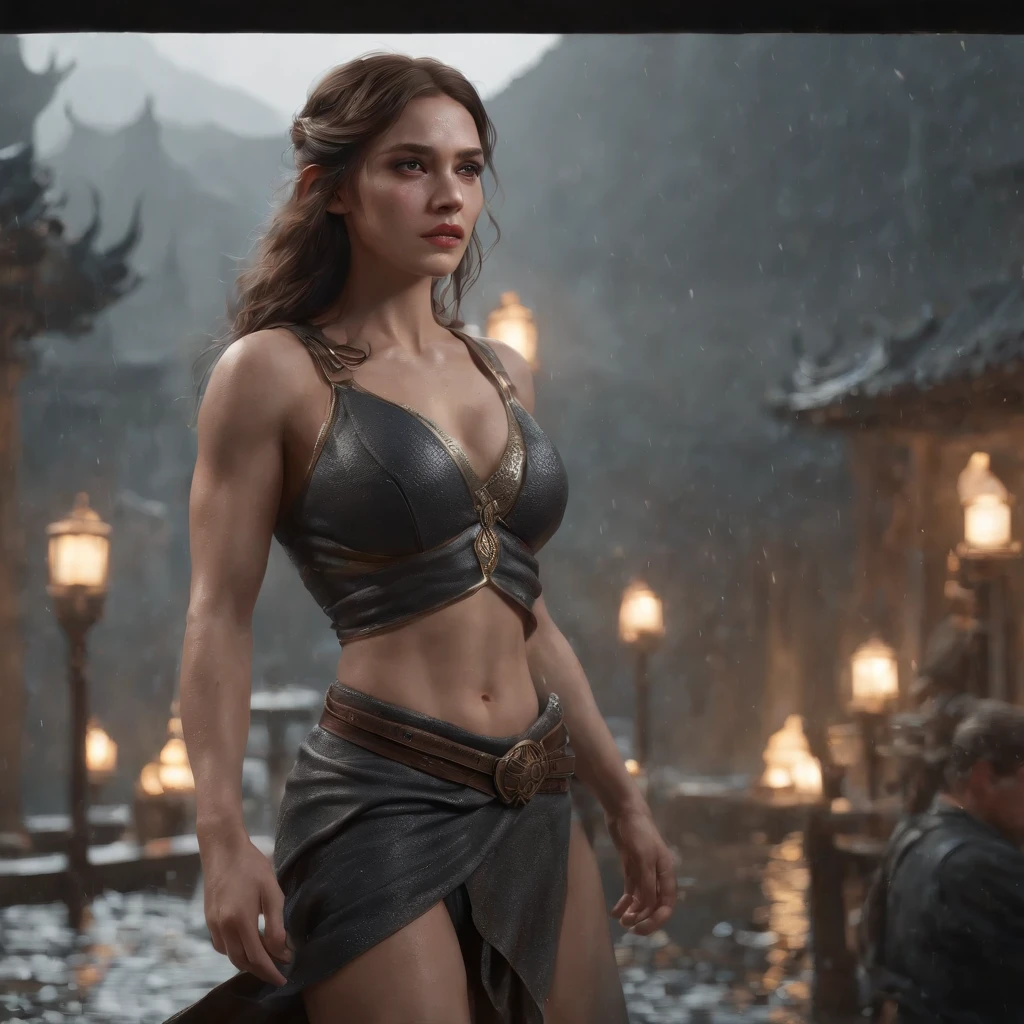 (Professional 3D Rendering:1.3) De (Realistic:1.3) The most beautiful art photos in the world,Soft Features, Bright female hero, ((Epic Hero Fantasy Rough Muscle Woman Wet Hero Angry Long Hair And Fierce Expression in Dynamic Pose, fantastic location, majestic cluttered environment)), Women with a greater amount of muscle, more developed than men,、Whole body 8K unit rendering, action SHOT, Very dark lighting, Dark shading, detailliert, 详细的脸, (vibrating, photos realistic, Realistic, Dramatic, murky, foco nítido, 8K), ((((Use skins)))), (Convoluted:1.4), Decadent, (ighly detailed:1.4), digitial painting, rendering by octane, art stations, concept-art, suave, foco nítido, Illustration, Germ from art, (Roisch:0.23), Vlop Ilya Kuvshinov, e Greg Rutkowski e Alphonse Thank you very much, (globalillumination, studio lights, Light Volumetric), Very heavy rain, Floating particles, lotr, Fantasia, my, Inteliosbian, ((Dark ancient city background:1.3)),CG Series,art stations