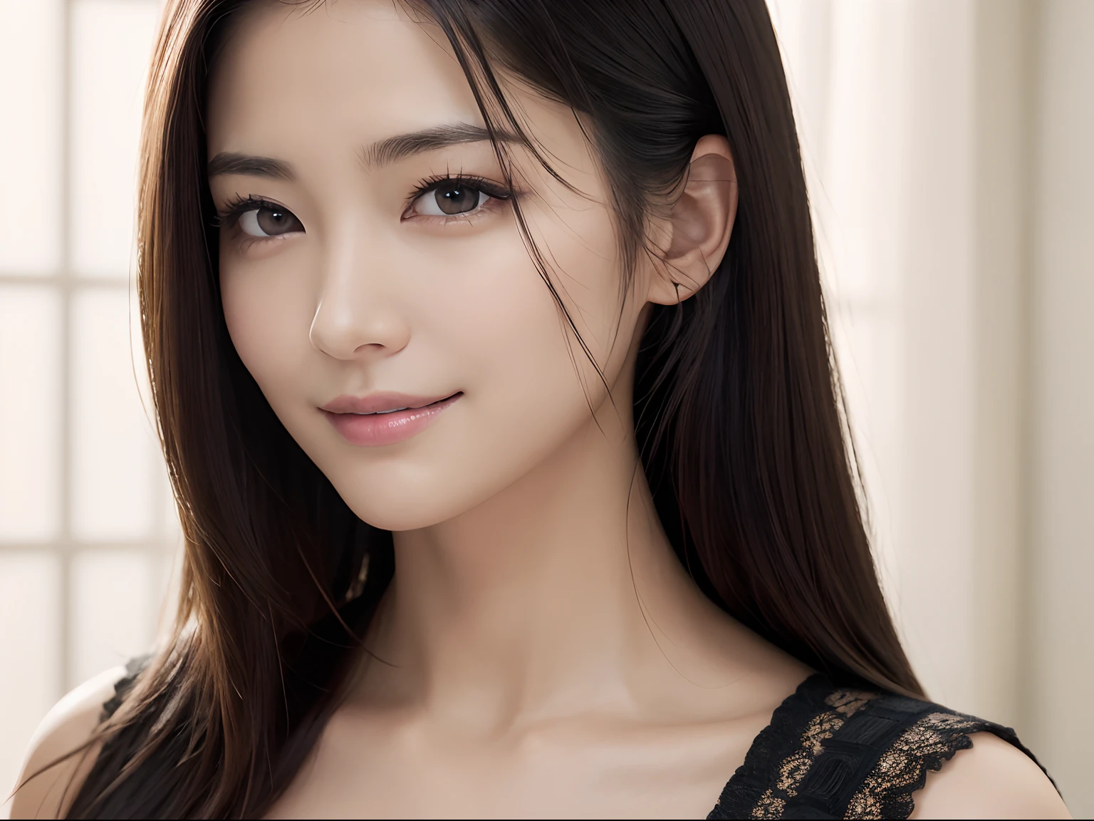 (​masterpiece:1.3), (8K, Photorealsitic, Raw photography, Top image quality: 1.4), japanes, (1girl in), beauitful face, (Lifelike face), (A dark-haired, long:1.3), Beautiful hairstyle, realisticeyes, Eyes in Beautiful Details, (real looking skin), Beautiful skins, enticing, 超A high resolution, A hyper-realistic, high detailing, the golden ratio, (Detal Face:1.2), see the beholder,A smile,opened white shirt,Bigchest